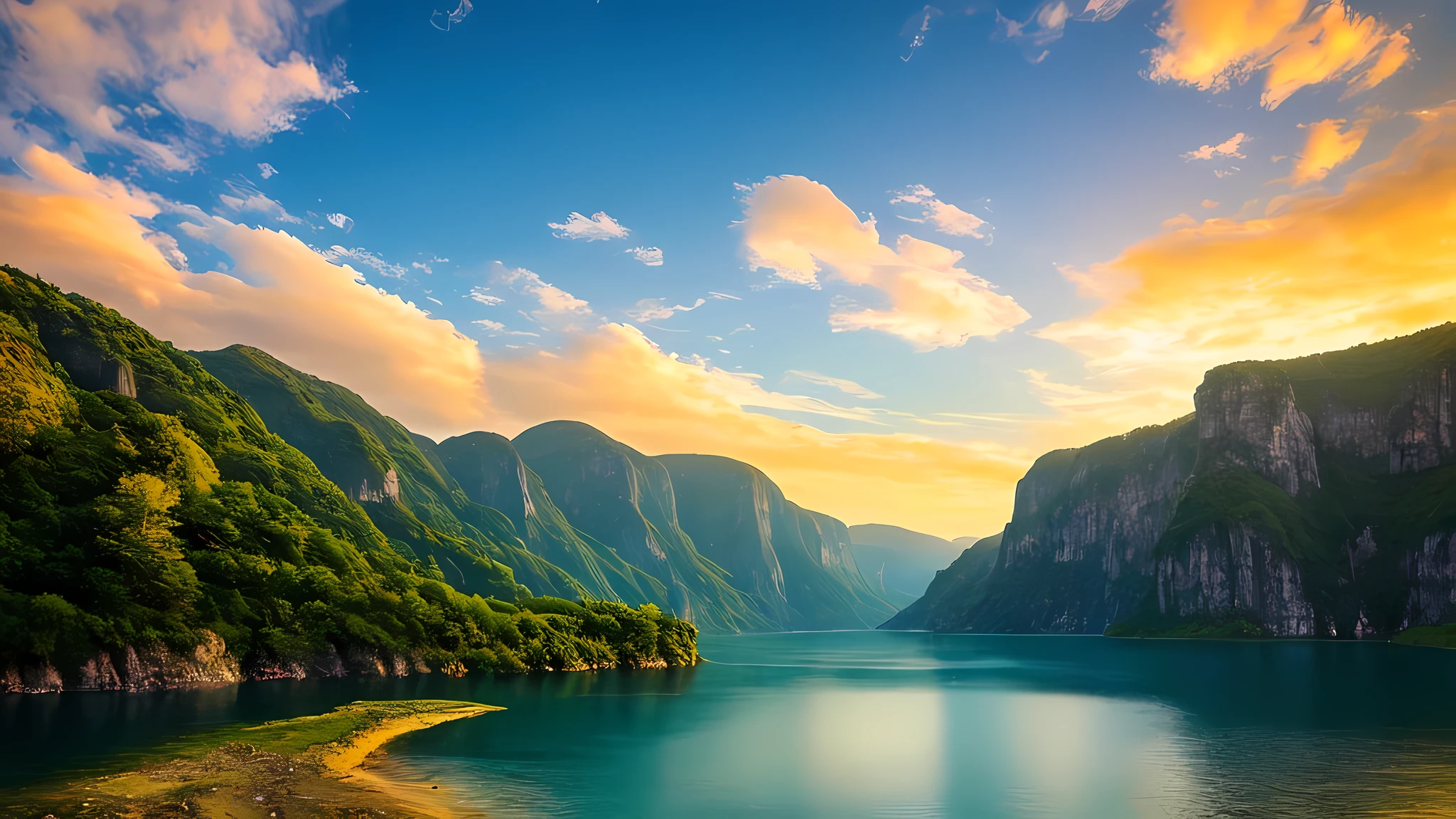 Masterpiece, ultimate quality, Cg unity 8k wallpaper, super delicate, beautiful sky and clouds, rich natural scenery, cliffs, lakes and rivers, waterfalls and flying water, beautiful green mountains, no trace of people, excellent scenery, has already won a photo contest, background Blurring, full depth of field, HDR high dynamics, true restoration, intricate, extreme details, dramatic presentation, perfectly presenting the style of midjourney art.