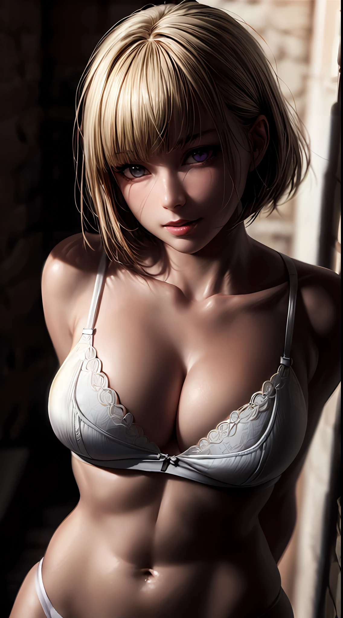 (NSFW:1.0), ((((masterpiece, best quality, high resolution)))), Extremely detailed 8K, Beautiful girl, voluptuous body, (Ultra HD, Ultra-detailed, Highly detailed, Highly realistic, Ultra-realistic, photograph realistic), (1girl:1.5), (Realistic white hair), (dynamicposes), facing at camera (beautiful detailed face, beautiful detailed eyes), (sunbeam, sunlight), from above, illustration, purple eyes, bob cut, short wavy hair, light smile, parted lips, (breast focus), (arms behind back:1.2), average breasts, (breasts out:1.2), midriff, collarbone, sweat, white lingerie, blush