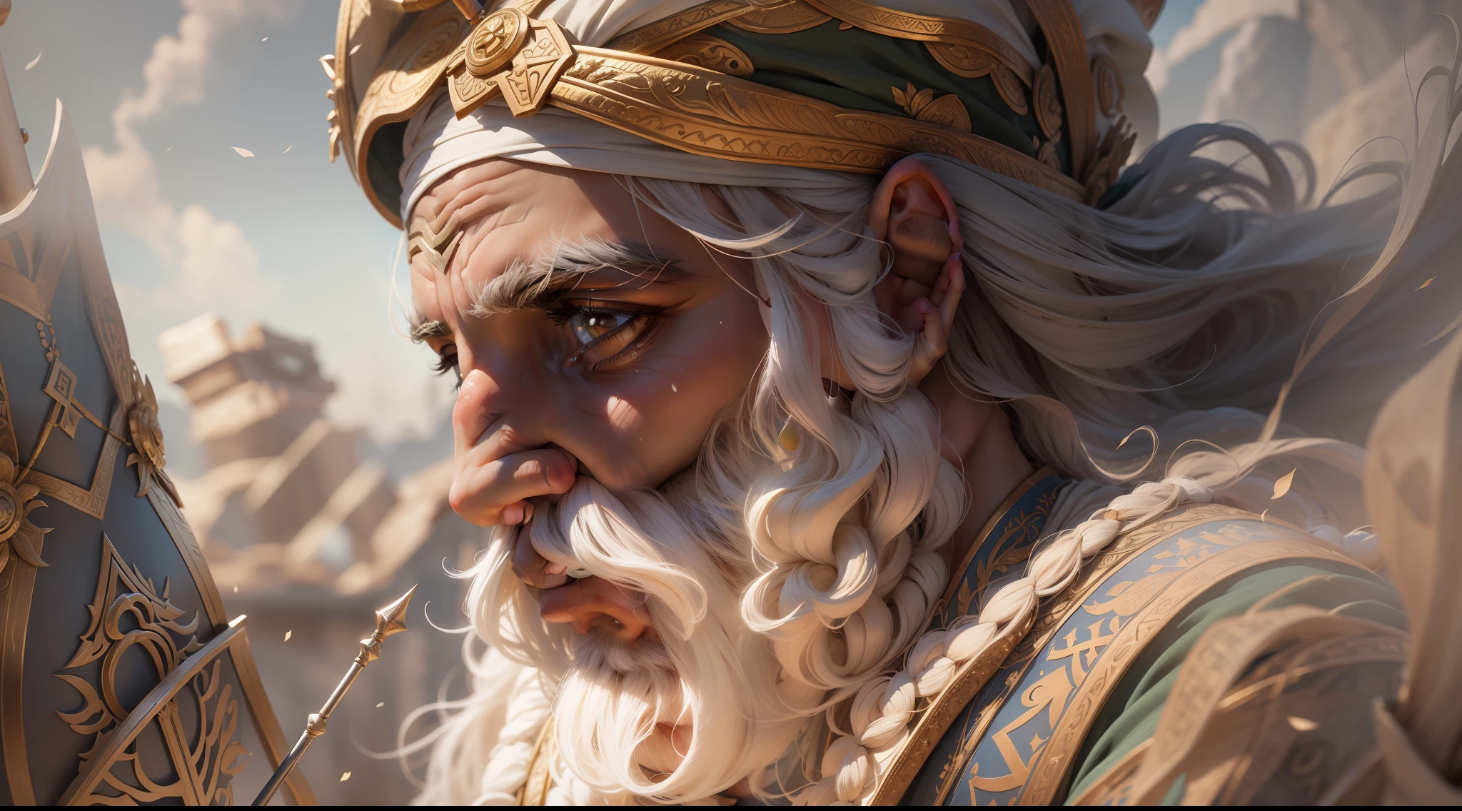 foto realista, obra-prima, melhor qualidade, artistic composition, on an ancient biblical prophet holding a staff in his hand, explaining something facial expression of intense concentration., roupas altamente detalhadas, texturas de roupas realistas, detalhes abundantes, intrincate details, textura da pele, manchas, rugas, rugas de roupas, floating dust particles, brilho, brilhante, misterioso, 4k, UHD, da mais alta qualidade.