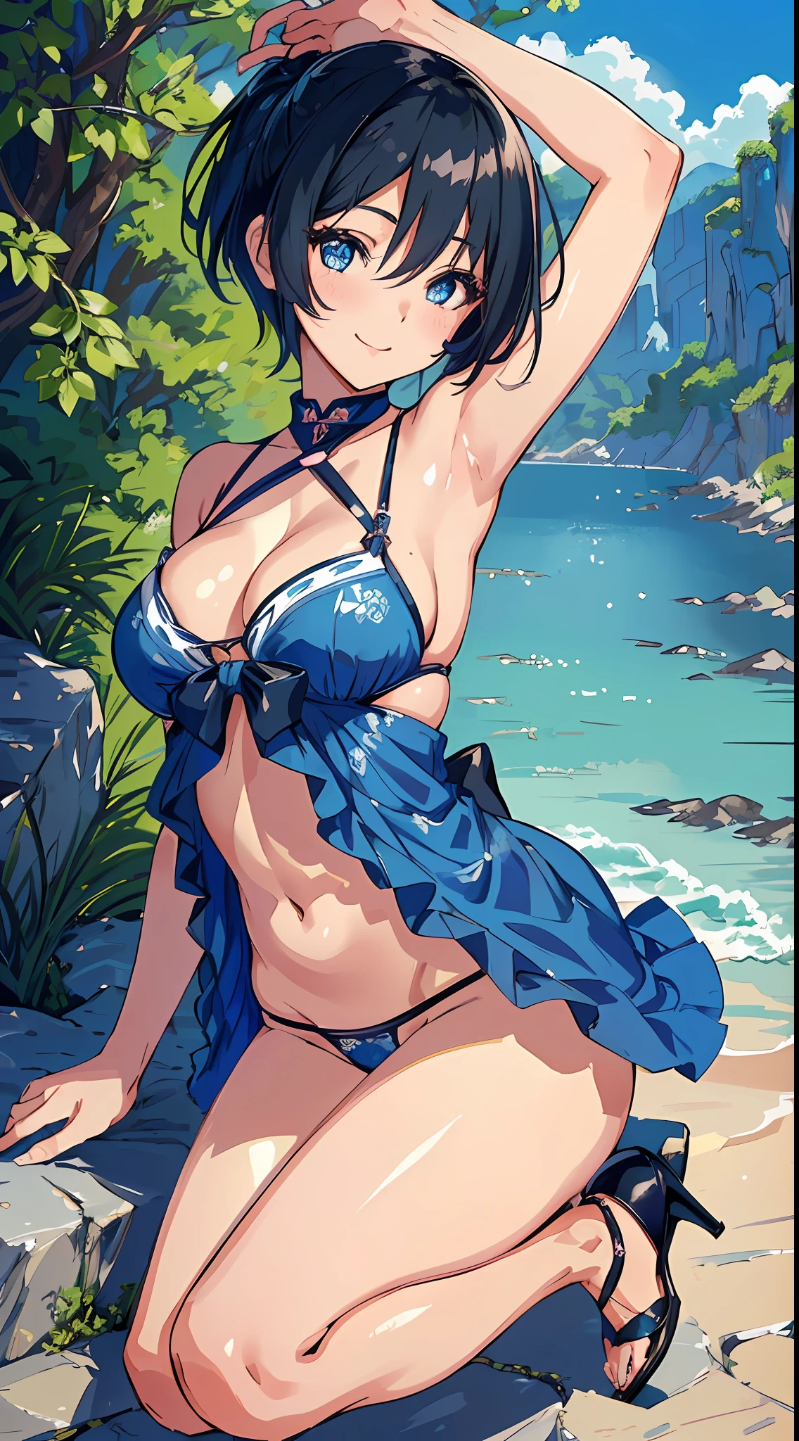 NSFW, (mushoku tensei, Aoi-chan), (Tight ultra detail sky blue bikini, high-heels), (Very beautiful pixie cut, Very beautiful black hair), (masterpiece:1.2 Top Quality:1.2, in 8K, 2D, wall-paper:1.2, The Ultimate Illustrator:1.2, High resolution), 1womanl, (open stance), (kawaii faces), (More eyelashes), (Amazing eyes), ((The focus of her face seen from the front:1)), ((Close her face:1.2)), (Extremely Close), kawaii, (ultradetailed eyes, Blue eyes), (Beautiful detail double), Smooth nose, (sexypose, Curvaceous:1.2, Footboard beauty:1.2), (Love Smile),