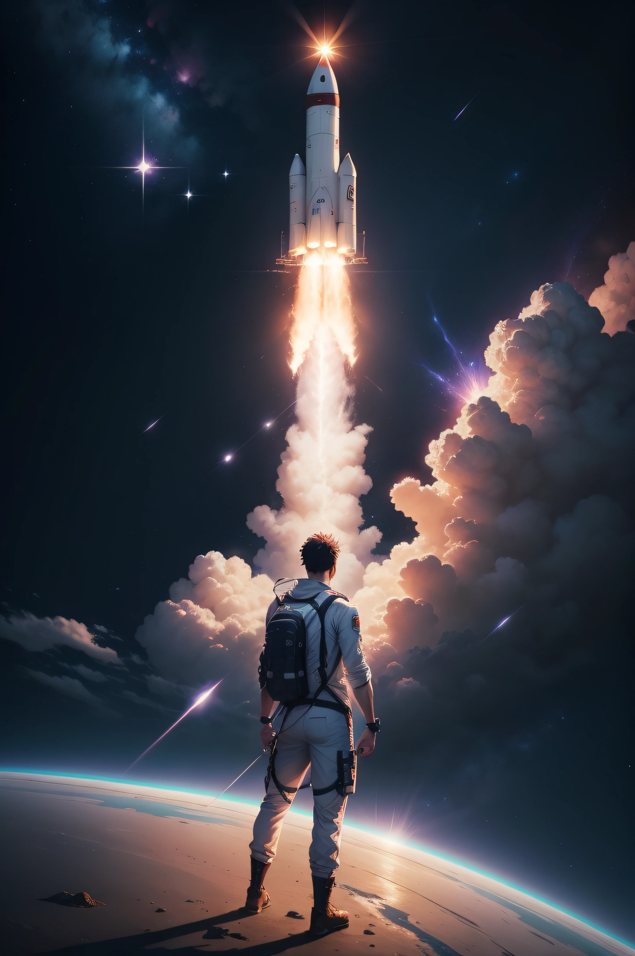 a man looking at a rocket in space, papel de parede 4k, Estilo anime, Anime Art Wallpaper 4K