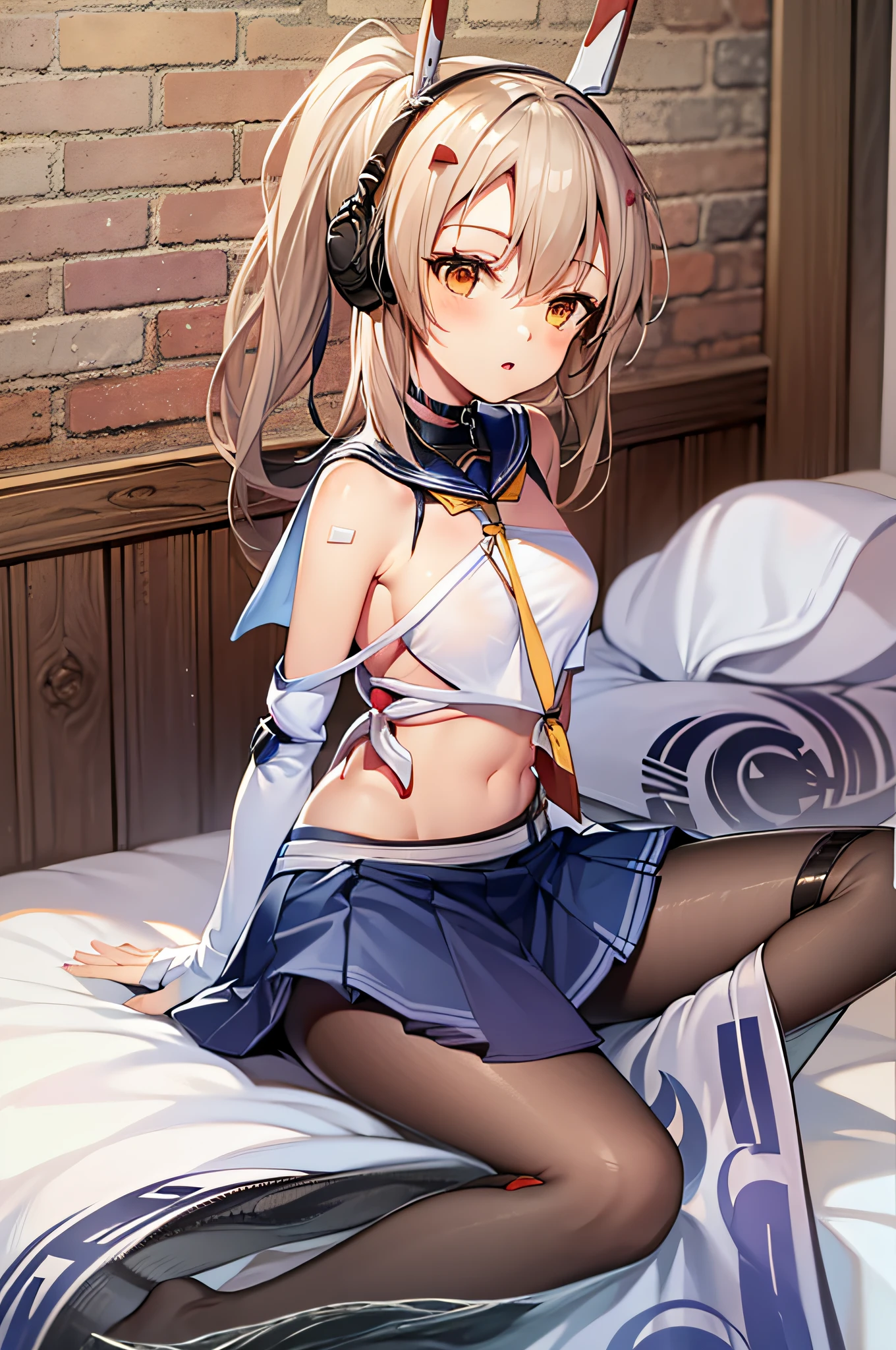 1girl, blonde hair, azur lane ayanami, ayanami's face, small blue skirt with withe line, sit on bed , cute, small abdomen, small lips, approach ass, ponytail, natural pose, maid dress