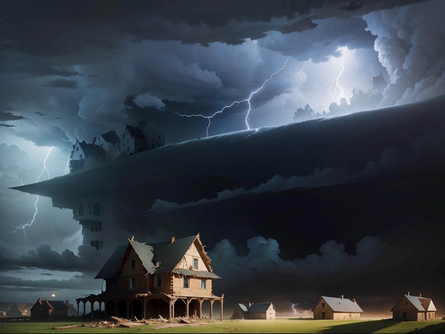 A storm approaching, with the wise son's house standing strong and the foolish son's house about to collapse.