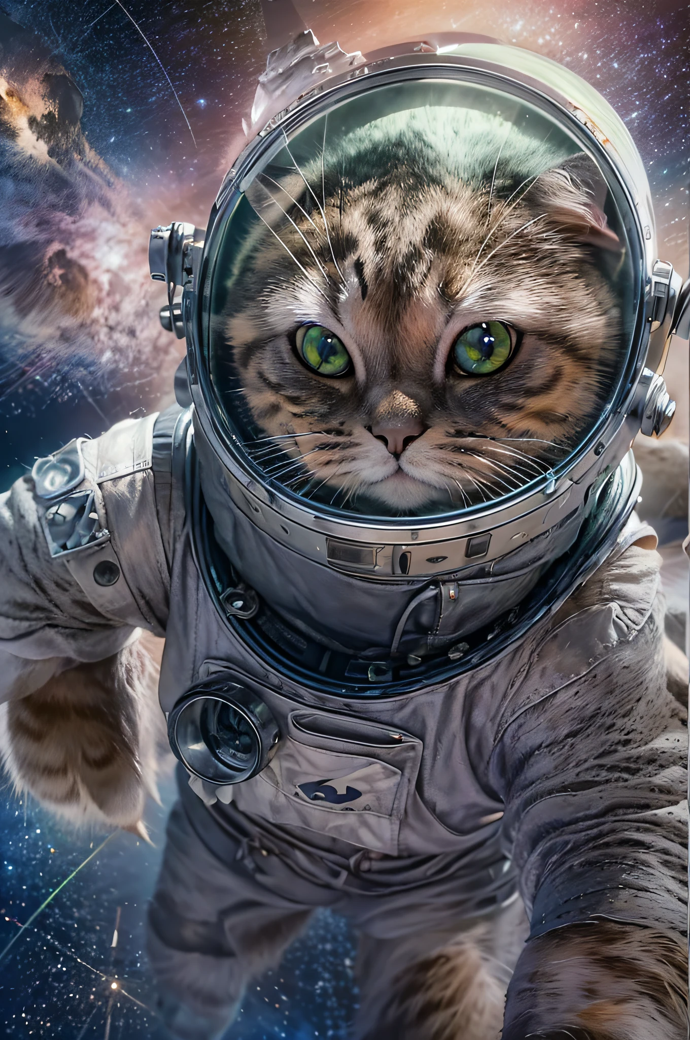 ((best quality)),((masterpiece)),(detailed),(realistic:1.4),ultra high res,Highly detailed,(raw photo:1.2),(photorealistic:1.4),Exceptional detail,dramatic lighting,highres,8k,absurdres,1cat,meloncat,((space helmet)),astronaut,flying cat,universe,aliens,alien space ship,spaceship light on cat,hand POV,earth,animal focus,animal,no humans,realistic,looking at viewer,