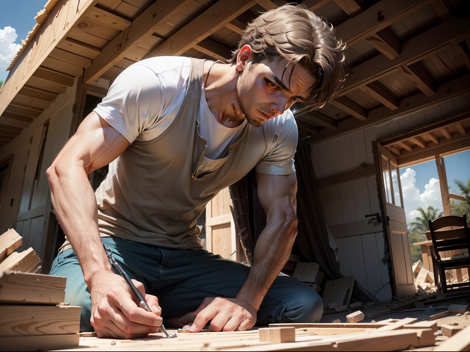 The wise son helping the foolish son rebuild his collapsed house after the storm.