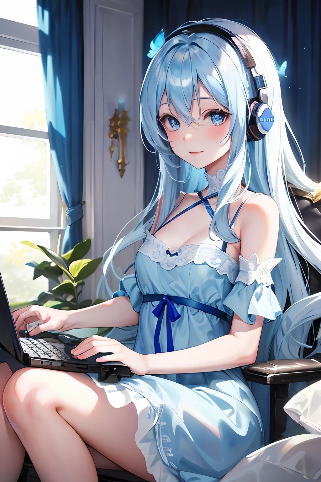 Glowing blue butterfly，Blue sexy nightdress，1girll，blue color eyes，long  white hair，Blue-toned computer room，sitting in front of the computer，With blue headphones， Blush, Smile, cheerfulness, Masterpiece, Best quality，A high resolution,Detail enhancement，best qualtiy，Perfect image quality，Elegant and lightweight blue silk dress，Beautiful and gentle
