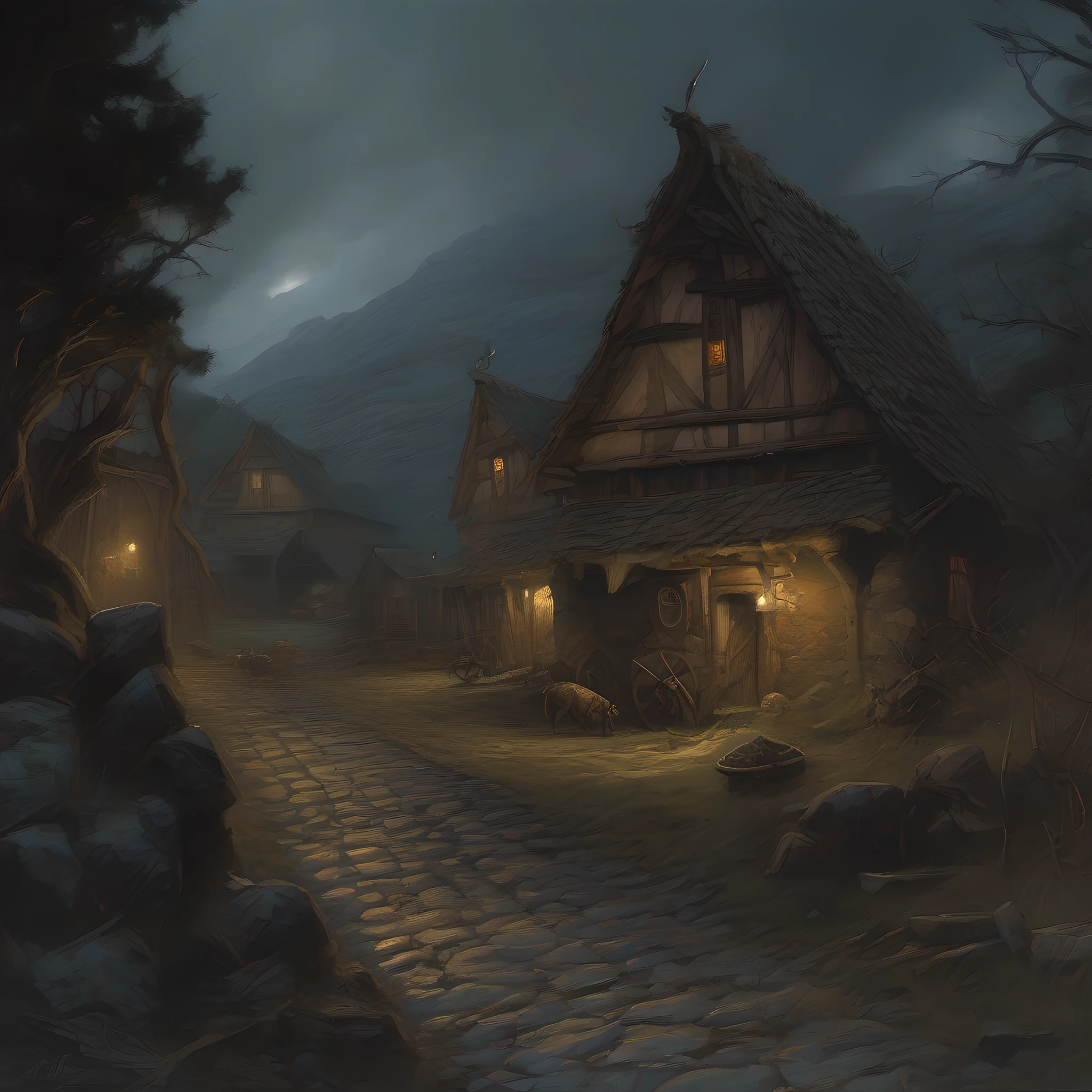 Ominous village, Iron Age, dark, terrible, style of Alex Horley