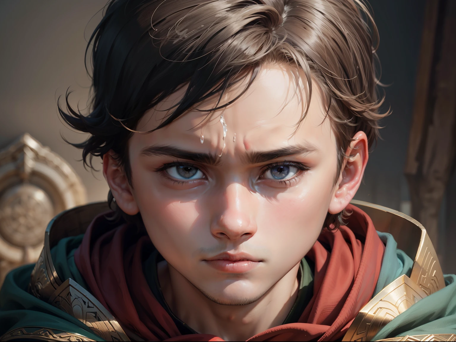 A close-up of the wise son's face, thoughtful and focused, while the foolish son is distracted.