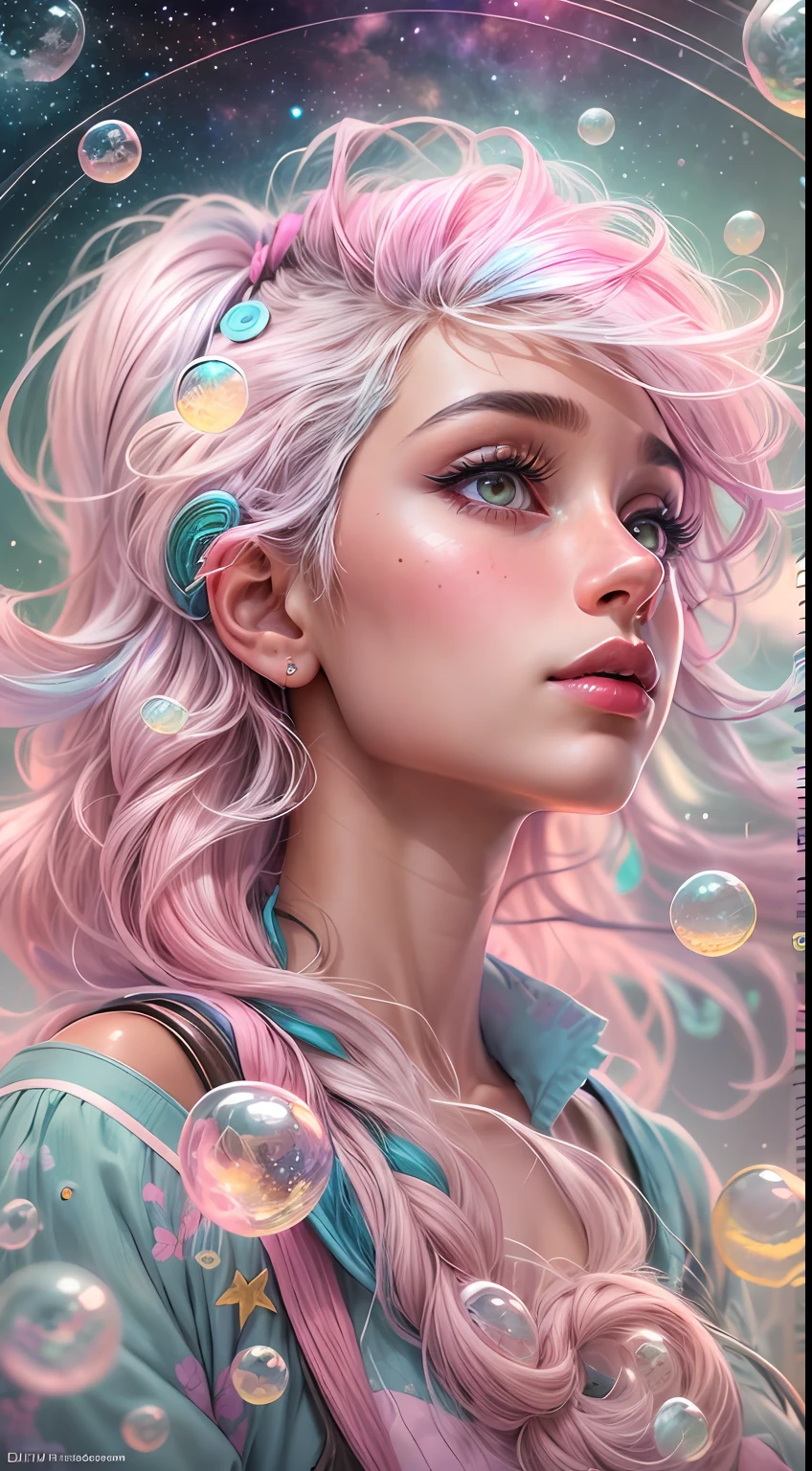 ((masterpiece)). This artwork is sweet, dreamy and ethereal, with soft pink watercolor hues and candy accents. Generate a delicate and demure fae exploring a (bubblegum world with a wide variety of pastel shades). Her sweet face is extremely detailed and realistic with elegant features and a fierce expression, and looks like ((((naomi scott)))). Include mature features and stunning, highly realistic eyes. Her eyes are important and should be realistic, highly detailed, and beautiful. In high definition and detail, include lots of details like stars, galaxies, colorful bubbles, colorful petals, and lots of energy and emotion! The stars and colorful bubblegum bubbles are important! Include fantasy details, enhanced details, iridescence, colorful glittering wind, and pollen. Pay special attention to her face and make sure it is beautifully and realistically detailed. The image should be dreamy and ethereal.8k, intricate, elegant, highly detailed, majestic, digital photography