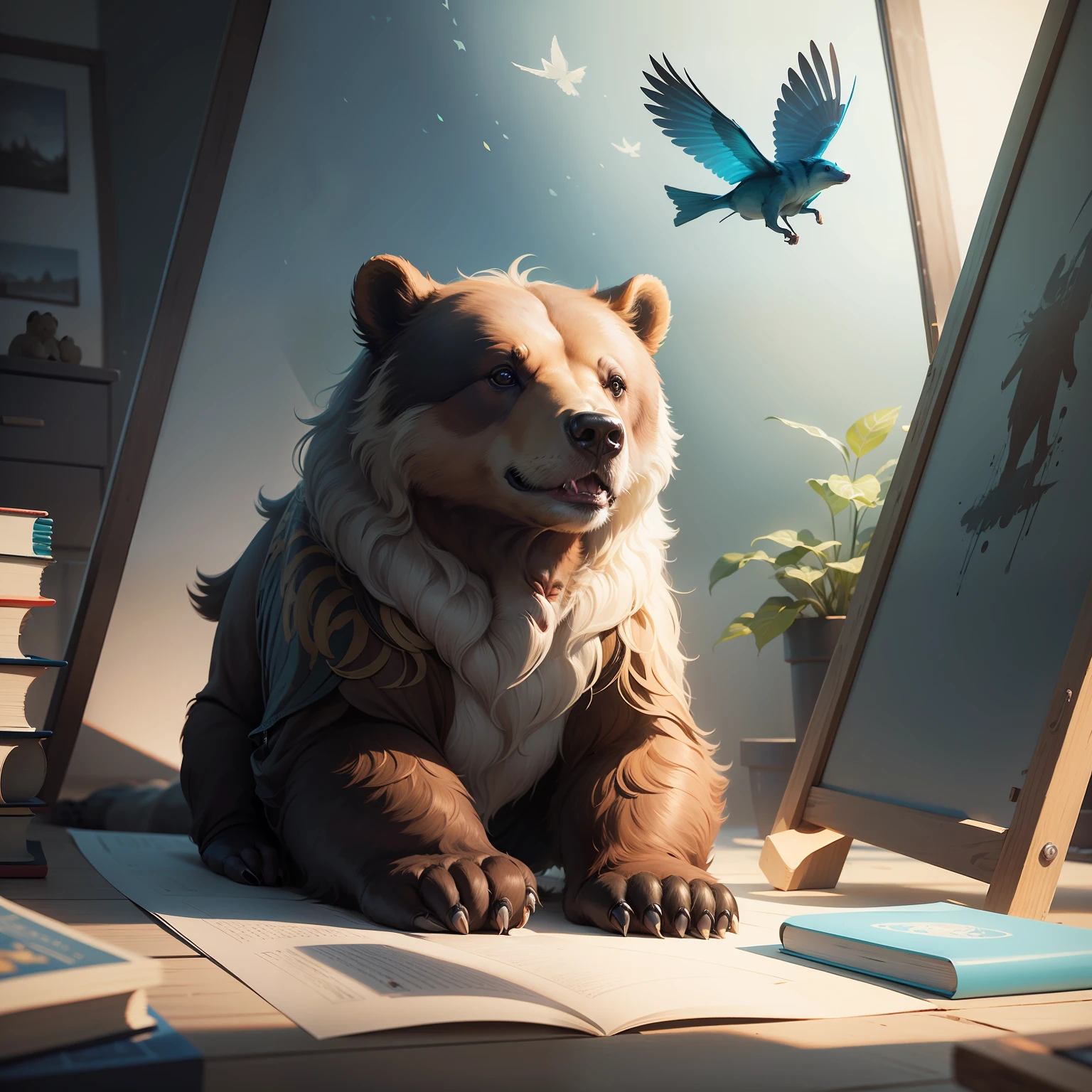 Painting of a sitting brown bear with a blue bird flying, story book illustration, illustration of children's book, Illustration for children's book, cute storybook illustration, illustration of children's books, illustration of children's books, storybook illustration, illustration of children's book, storybook illustation, illustration of children's books, arte ilustrativa, Beeple e Jeremias Ketner, Feng Zhu