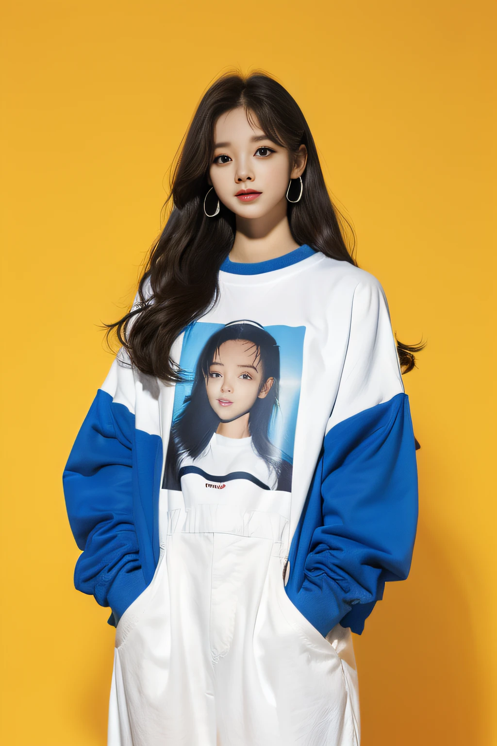 one-girl，Stylish sweatshirt, Windbreaker long skirt，poster background,Poster on the front，The color of the clothes is bright and simple，Cute, Very aesthetic，Realistic style anime，ssmile，self-assured，Put your hands in your pockets，tmasterpiece，ultraclear，8K，HighestQuali，