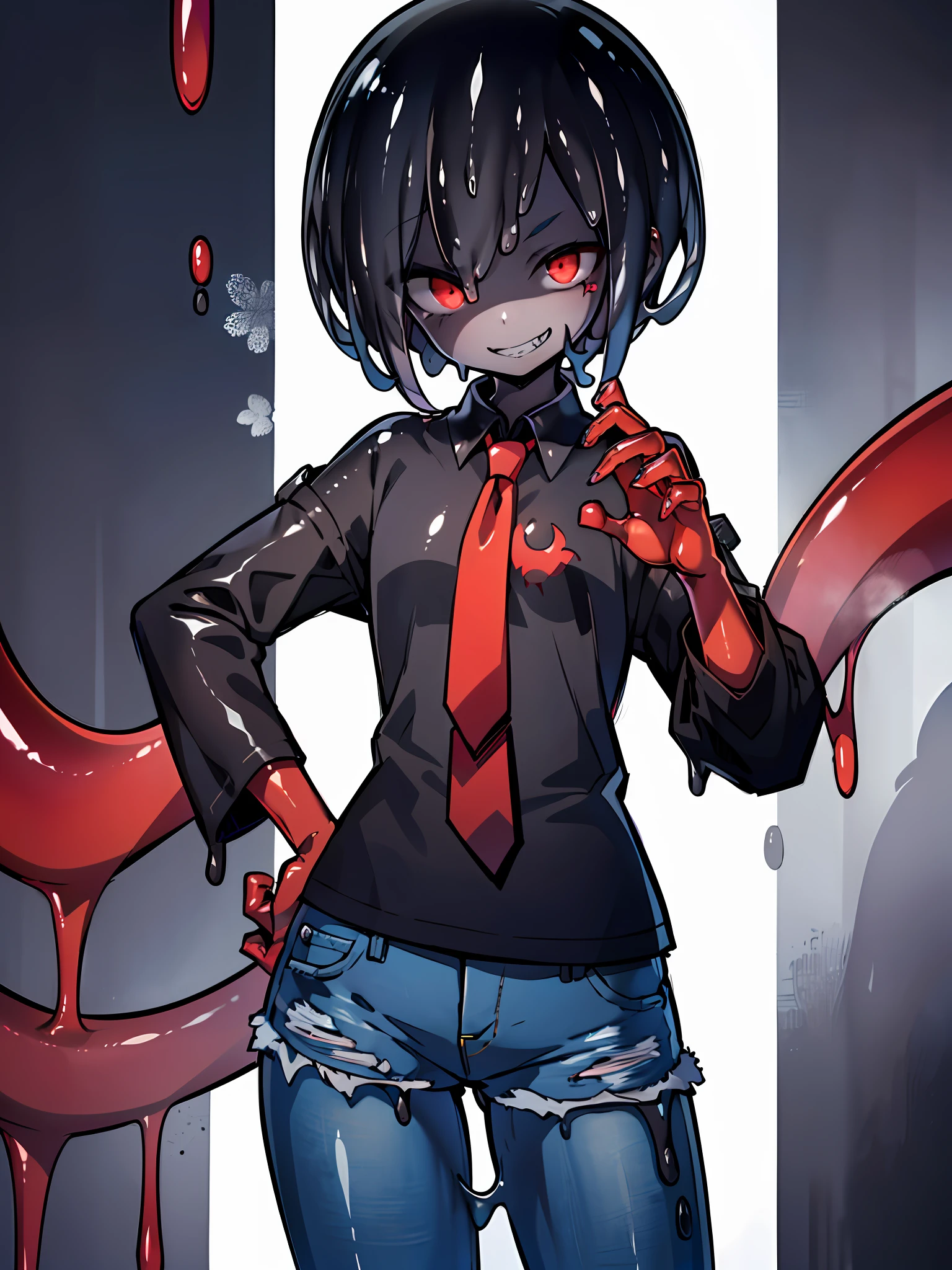 (best quality, detailed drawn hands, realistic fingers), (masterpiece, sidelighting, finely detailed beautiful eyes: 1.2), ((best quality)), ((masterpiece)), (highly detailed:1.3), anime, loli girl, small chest, childish body, (black shirt, shirt with bare shoulders), denim shorts, pale skin, (shadow cast on eyes, darkened eyes, red eyes), (sharp teeth, smirk, evilish smile, mischevious smile), (short-medium hair, black hair, fancy haircut), red tatto on left hand, scar on left hip,