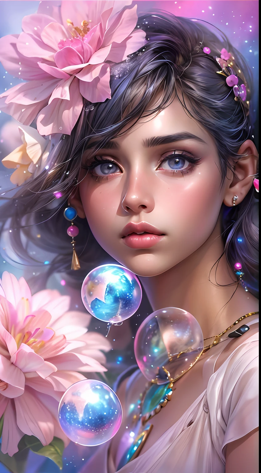 ((masterpiece)). This artwork is sweet, dreamy and ethereal, with soft pink watercolor hues and candy accents. Generate a delicate and demure fae exploring a (bubblegum world with a wide variety of pastel shades). Her sweet face is extremely detailed and realistic with elegant features and a fierce expression, and looks like ((((naomi scott)))). Include mature features and stunning, highly realistic eyes. Her eyes are important and should be realistic, highly detailed, and beautiful. In high definition and detail, include lots of details like stars, galaxies, colorful bubbles, colorful petals, and lots of energy and emotion! The stars and colorful bubblegum bubbles are important! Include fantasy details, enhanced details, iridescence, colorful glittering wind, and pollen. Pay special attention to her face and make sure it is beautifully and realistically detailed. The image should be dreamy and ethereal.8k, intricate, elegant, highly detailed, majestic, digital photography