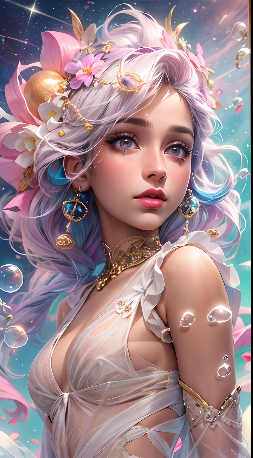((masterpiece)). This artwork is sweet, dreamy and ethereal, with soft pink watercolor hues and candy accents. Generate a delicate and demure fae exploring a (bubblegum world with a wide variety of pastel shades). Her sweet face is extremely detailed and realistic with elegant features and a fierce expression, and looks like ((((naomi scott)))). Include mature features and stunning, highly realistic eyes. Her eyes are important and should be realistic, highly detailed, and beautiful. In high definition and detail, include lots of details like stars, galaxies, colorful bubbles, colorful petals, and lots of energy and emotion! The stars and colorful bubblegum bubbles are important! Include fantasy details, enhanced details, iridescence, colorful glittering wind, and pollen. Pay special attention to her face and make sure it is beautifully and realistically detailed. The image should be dreamy and ethereal.8k, intricate, elegant, highly detailed, majestic, digital photography