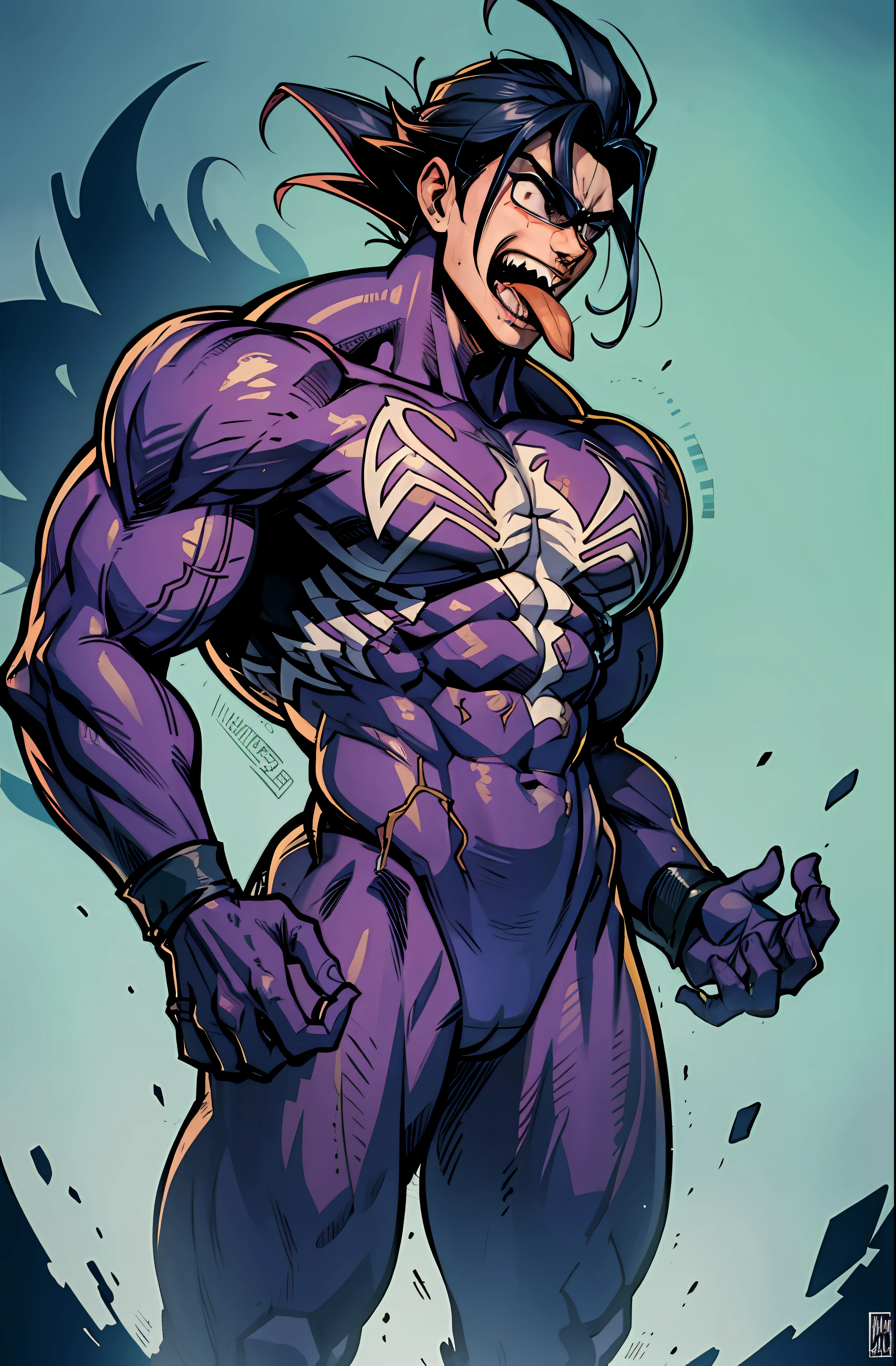 Goku virando o Venom,standingn,corpo todo,corpo extremamente musculoso,lingua pra fora,badass,dark, foco masculino,rosto maligno, corpo com veias brancas ,floresta escura,monstro ,standingn