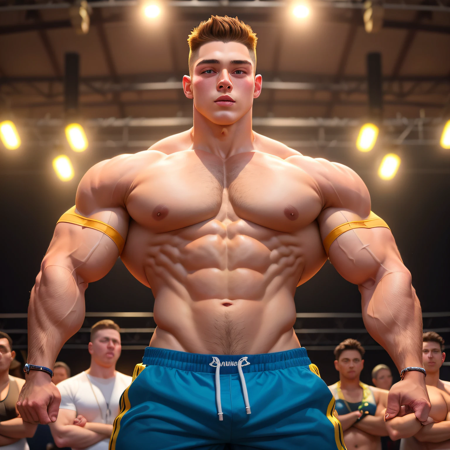 (Digital Painting), (Best Quality), 1boy () Shirtless, scene of a bodybuilding competition (other bodybuilders on stage). Clint, the largest of the group of young bodybuilders at the competition, a head taller than the others, built like a solid V from broad shoulders to a slim waist. He had been lifting weights since he was 14 years the biceps the size of a melon to prove it.