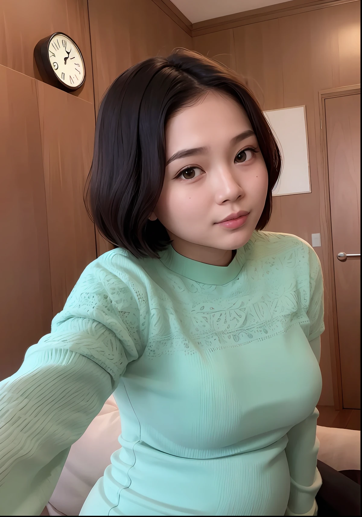 there is a pregnant woman with a green shirt and a clock in the background, dang my linh, nivanh chanthara, in style of lam manh, nuttavut baiphowongse, south east asian with round face, young cute wan asian face, potrait, ruan cute vtuber, with lovely look, with short hair, with big boobs