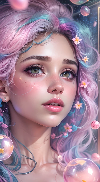 ((masterpiece)). This artwork is sweet, dreamy and ethereal, with soft pink watercolor hues and candy accents. Generate a delicate and demure fae exploring a (bubblegum world with a wide variety of pastel shades). Her sweet face is extremely detailed and realistic with elegant features and a fierce expression, and looks like ((((naomi scott)))). Include mature features and stunning, highly realistic eyes. Her eyes are important and should be realistic, highly detailed, and beautiful. In high definition and detail, include lots of details like stars, galaxies, colorful bubbles, colorful petals, and lots of energy and emotion! The stars and colorful bubblegum bubbles are important! Include fantasy details, enhanced details, iridescence, colorful glittering wind, and pollen. Pay special attention to her face and make sure it is beautifully and realistically detailed. The image should be dreamy and ethereal.8k, intricate, elegant, highly detailed, majestic, digital photography