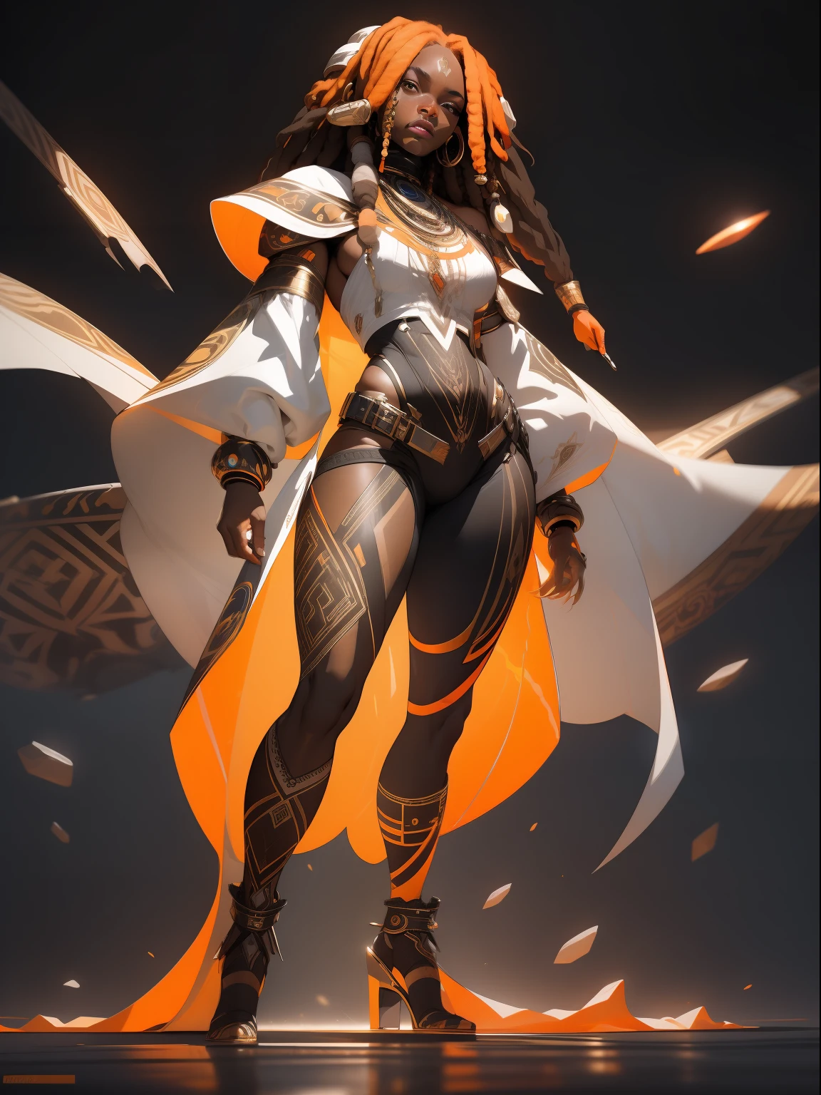 ((Best quality)), ((masterpiece)), (((full body))), (cloth brands), (detailed: 1.4), (Absurd), Zulu warrior, African bracelets and necklaces, black skin, cybernetic hands, Clothing with spectacular tribal designs, explosion of colors, cosmic tattoo, muscular sculptural body defined, whole body, half thick naked thighs, closed mouth, body covered by technological clothing, cyberpunk, generous neckline, ((perfect medium breasts)), (super light brown eyes),  ((totally white and orange clothing)), (((hair with dreadlocks)))), long eyelashes and black heavy makeup, various African jewelry, garter belt made with barbed wire, by mucha, niji --V5, close to real, psychopath, crazy face, sexy pose, fractal background, 2 pieces clothing, pastel, centered, scale to fit the dimensions, HDR (High Dynamic Range),Ray Tracing,NVIDIA RTX, Super-Resolution,Unreal 5,Subsurface Dispersion, PBR Texture, Post-processing, Anisotropic Filtering, Depth of Field, Maximum Clarity and Sharpness, Multilayer Textures, Albedo and Specular Maps, Surface Shading, Accurate Simulation of Light-Material Interaction, Perfect Proportions, Octane Render, Two-Tone Lighting, Wide Aperture, Low ISO, White Balance, Rule of Thirds, 8K RAW, Crysisnanosuit