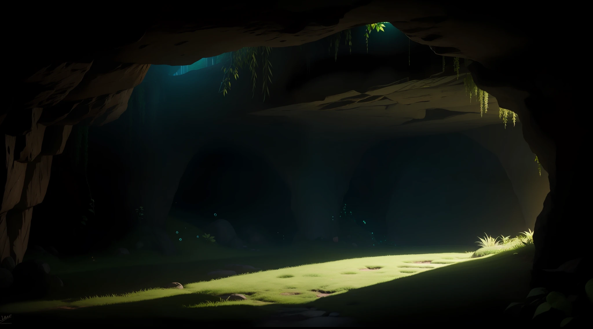 underground cave, a dim magic light, green plants