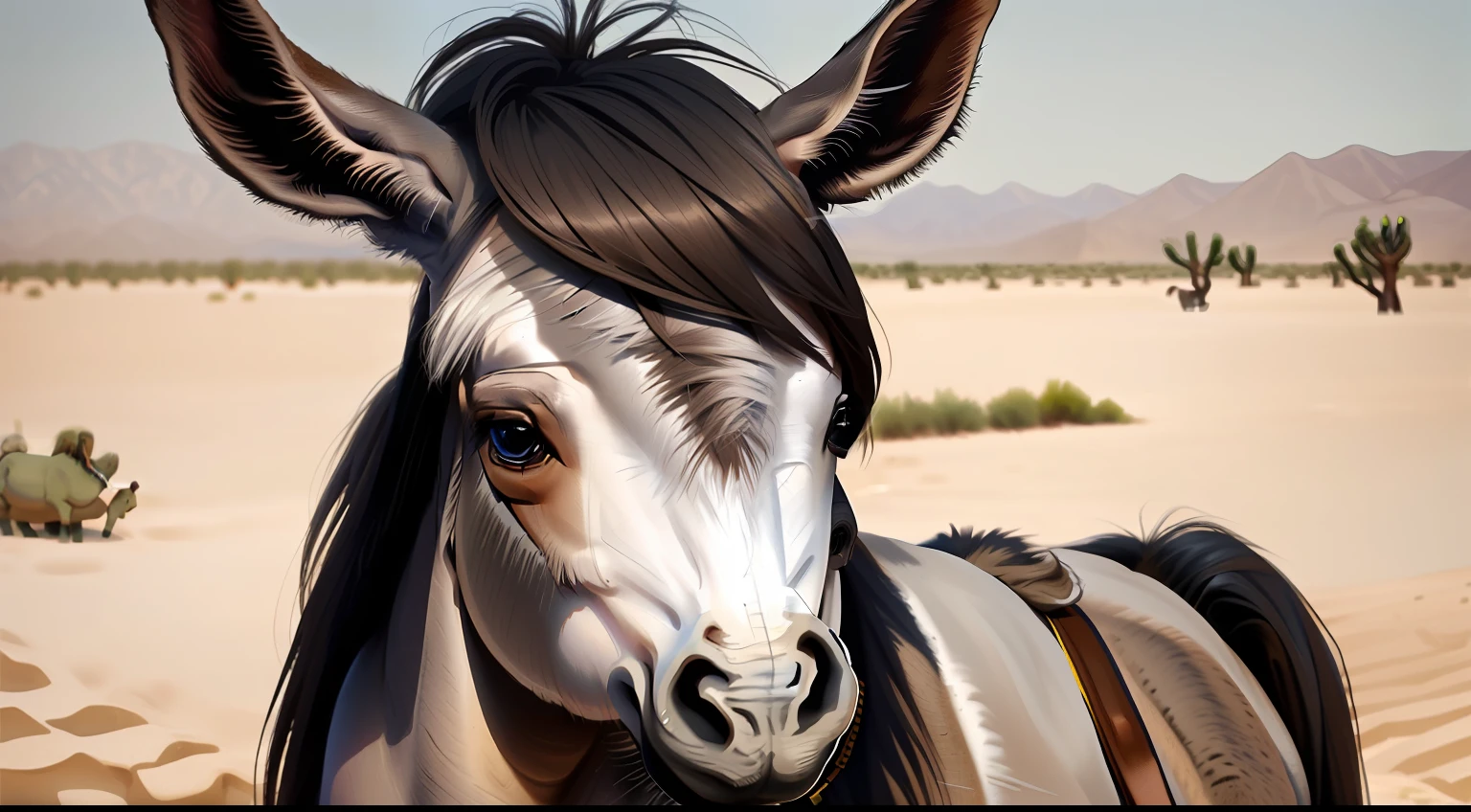 "Deslumbre-se com a imagem de um burro filhote cativante e de olhar marcante. Create a highly realistic and detailed depiction of this adorable animal in a desert setting from the time of Jesus Christ. It captures his soft expression and deep gaze that reflects his curiosity and sweetness. Garanta uma qualidade 4K para que cada detalhe do pelo, The eyes and the surrounding environment are vivid and engaging. This image will surely convey the charming essence of the donkey, doesn't look like a horse, hair color is gray."
