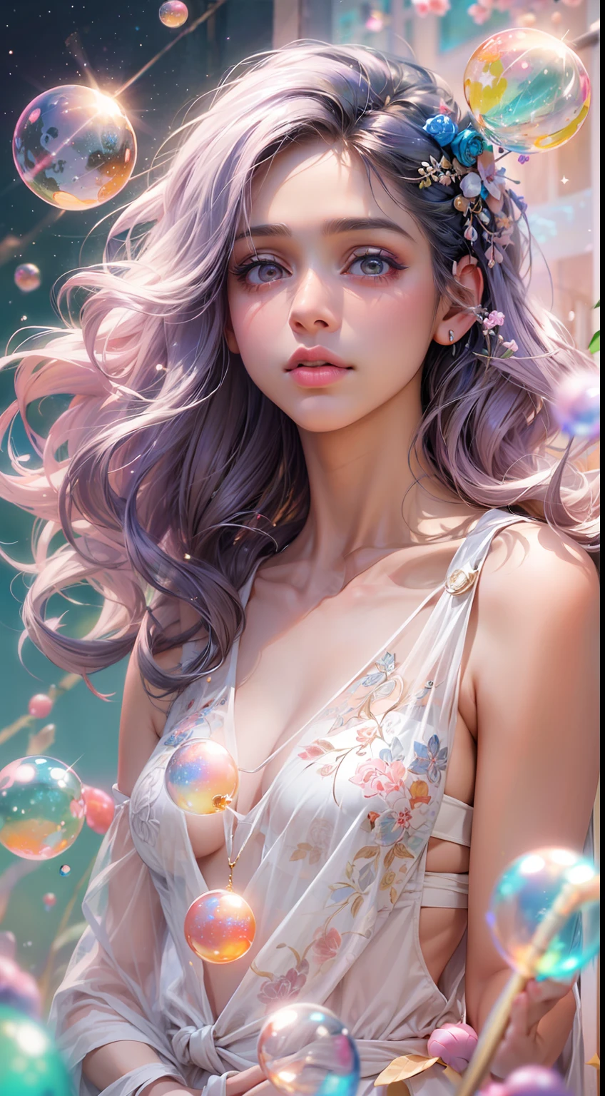 ((masterpiece)). This artwork is sweet, dreamy and ethereal, with soft pink watercolor hues and candy accents. Generate a delicate and demure fae exploring a (bubblegum world with a wide variety of pastel shades). Her sweet face is extremely detailed and realistic with elegant features and a fierce expression, and looks like ((((naomi scott)))). Include mature features and stunning, highly realistic eyes. Her eyes are important and should be realistic, highly detailed, and beautiful. In high definition and detail, include lots of details like stars, galaxies, colorful bubbles, colorful petals, and lots of energy and emotion! The stars and colorful bubblegum bubbles are important! Include fantasy details, enhanced details, iridescence, colorful glittering wind, and pollen. Pay special attention to her face and make sure it is beautifully and realistically detailed. The image should be dreamy and ethereal.8k, intricate, elegant, highly detailed, majestic, digital photography