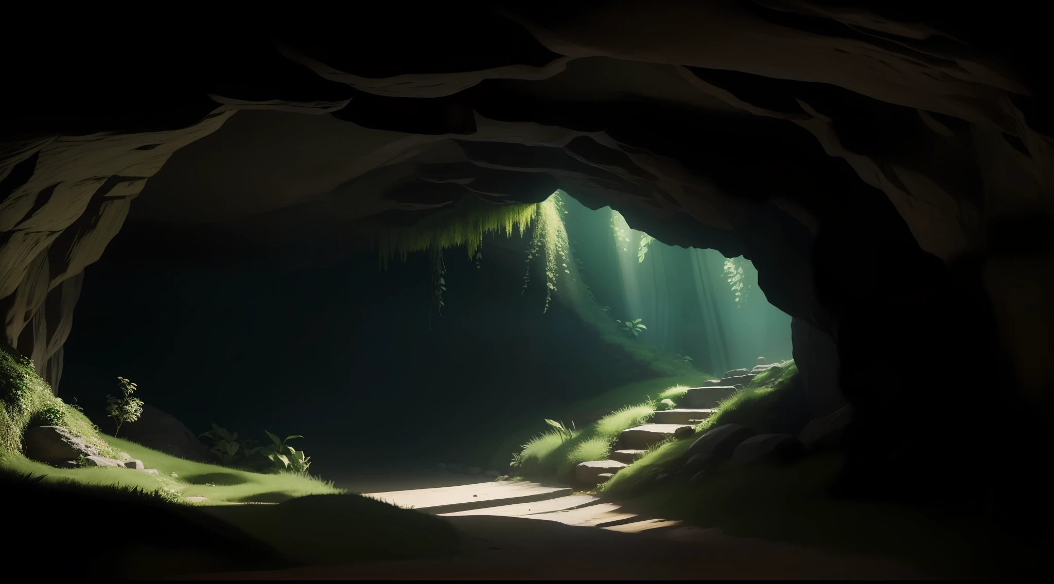 underground cave, a dim magic light, green plants