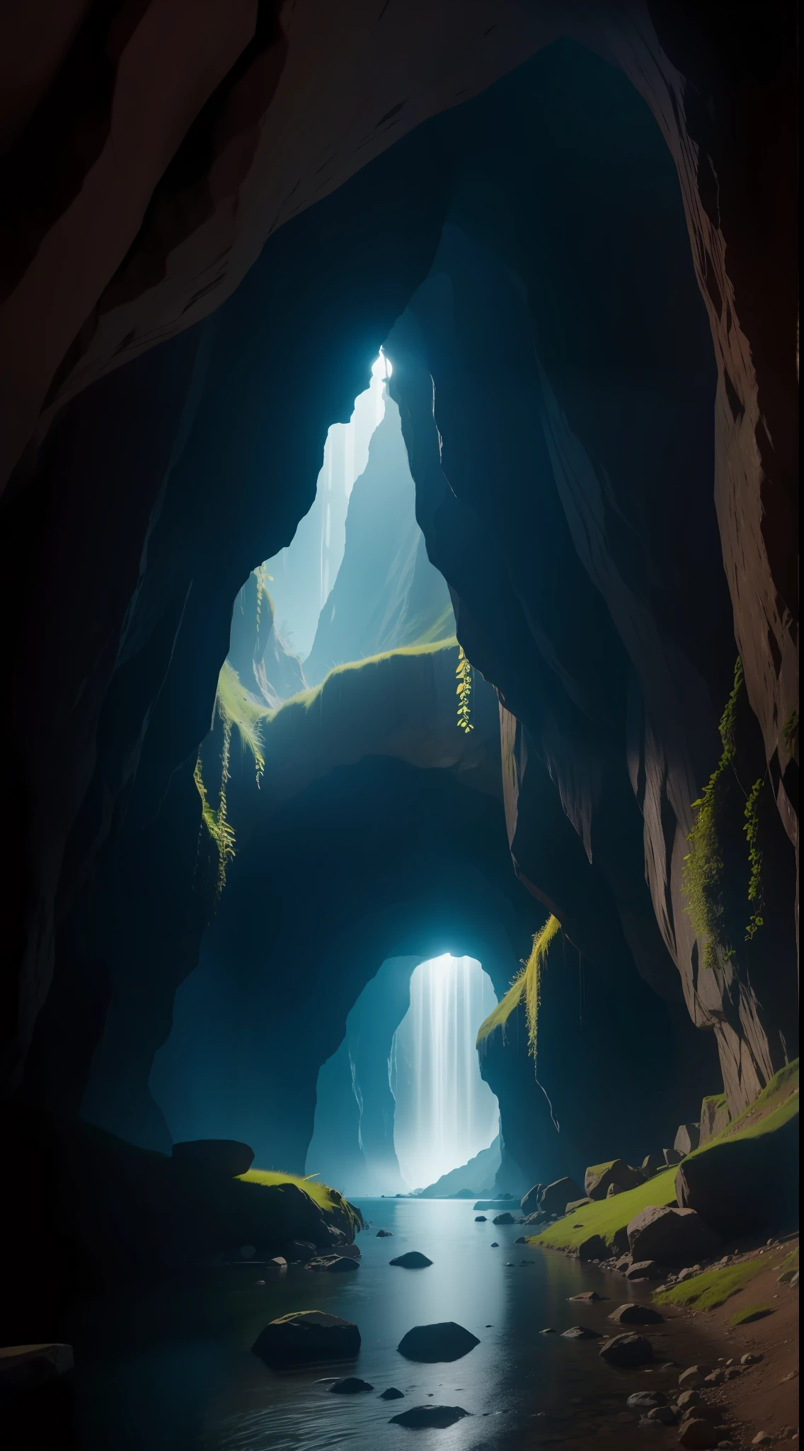 underground cave, a dim magic light, lake