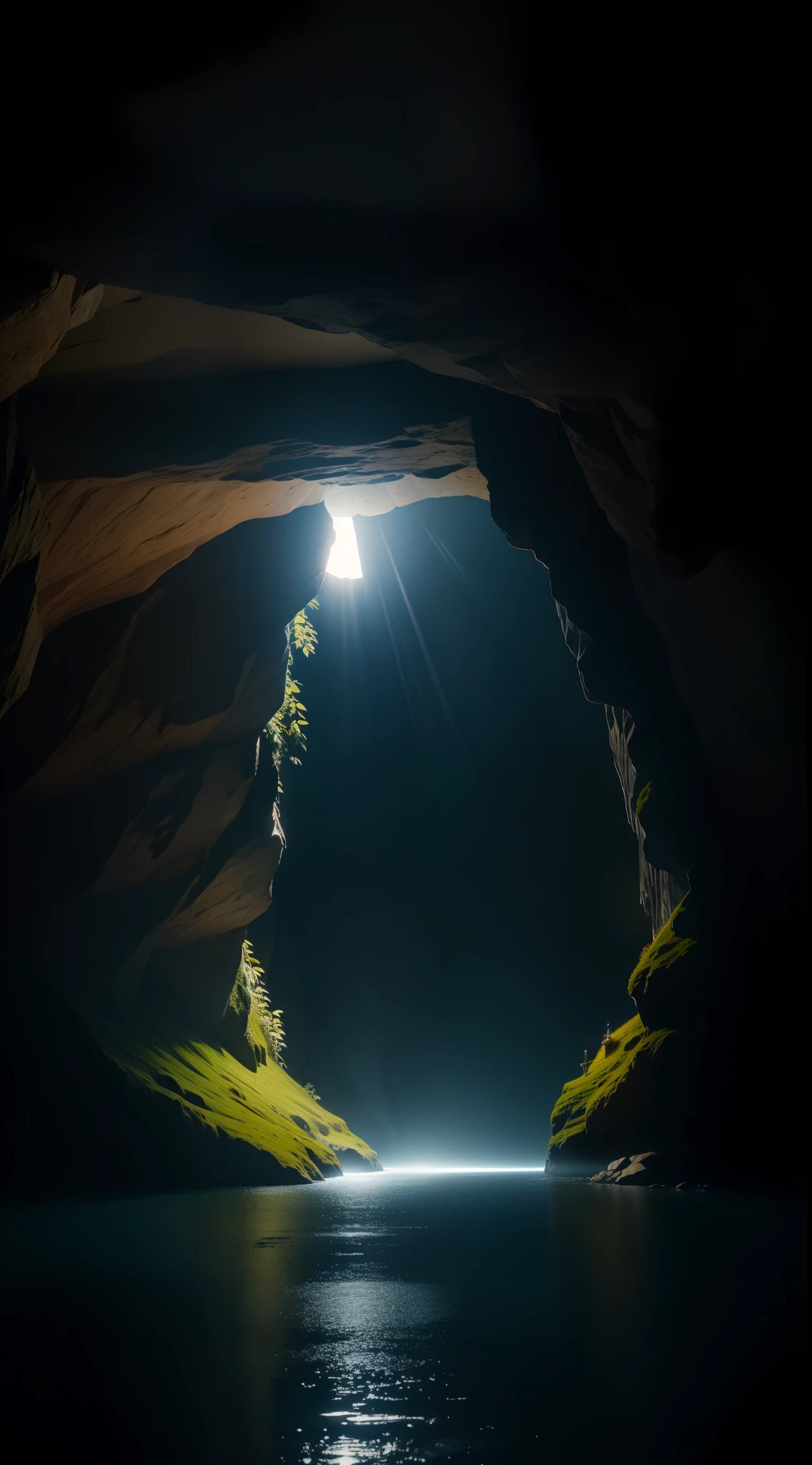 underground cave, a dim magic light, lake