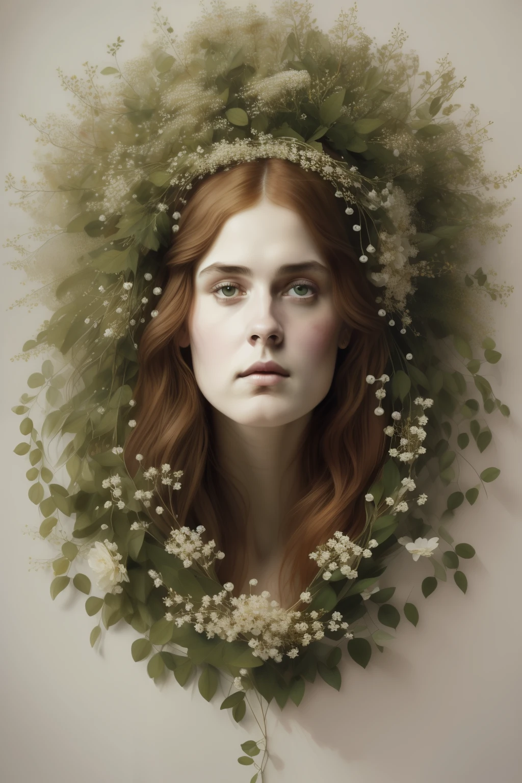fear expression, pale face. "(Pre-Raphaelite-style painting of a terrible face made of white hawthorn flowers, flores de macieira branca, homem verde, Estilo Arcimboldo)"