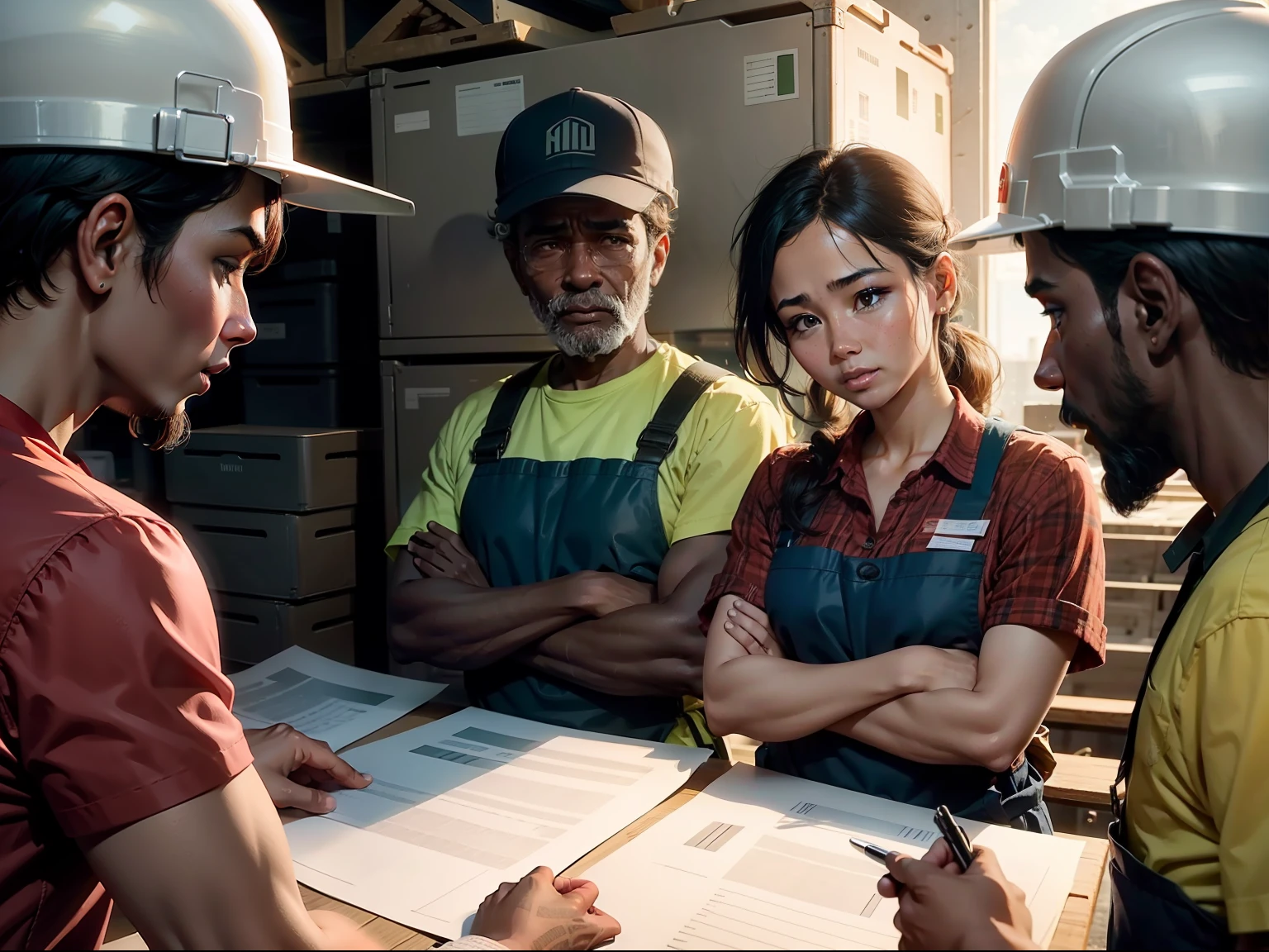 Workers discussing and debating the wages they received at the end of the day.