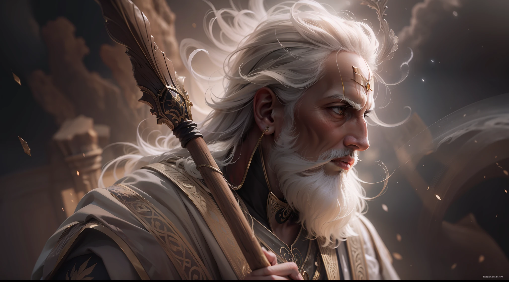 foto realista, obra-prima, melhor qualidade, artistic composition, on an ancient biblical prophet holding a staff in his hand, explaining something facial expression of intense concentration., roupas altamente detalhadas, texturas de roupas realistas, detalhes abundantes, intrincate details, textura da pele, manchas, rugas, rugas de roupas, floating dust particles, brilho, brilhante, misterioso, 4k, UHD, da mais alta qualidade