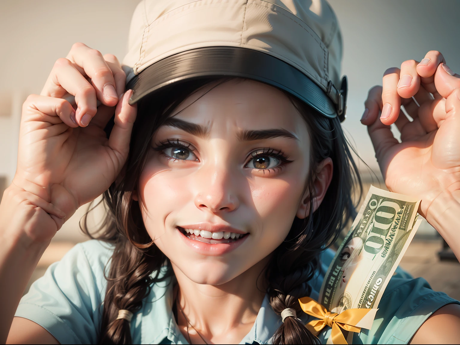 A close-up of a worker's face, depicting both surprise and contentment upon receiving the same wage.
