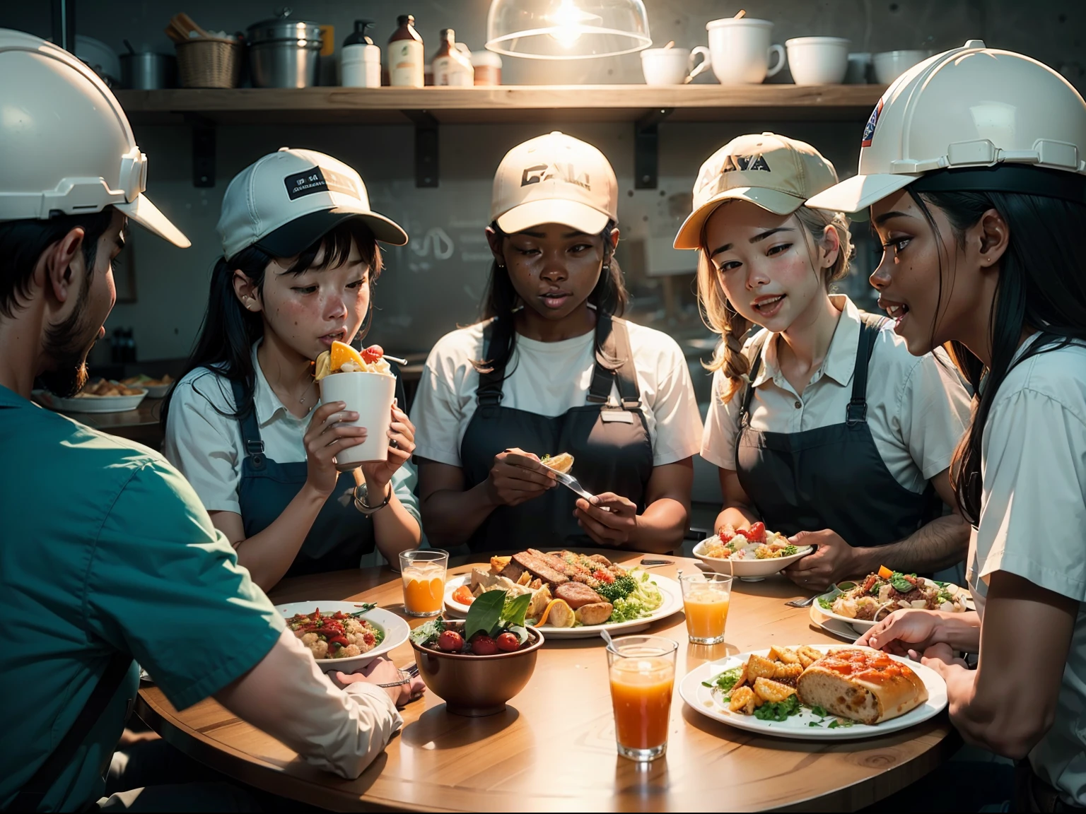 A group of workers sharing a meal together, regardless of when they started.