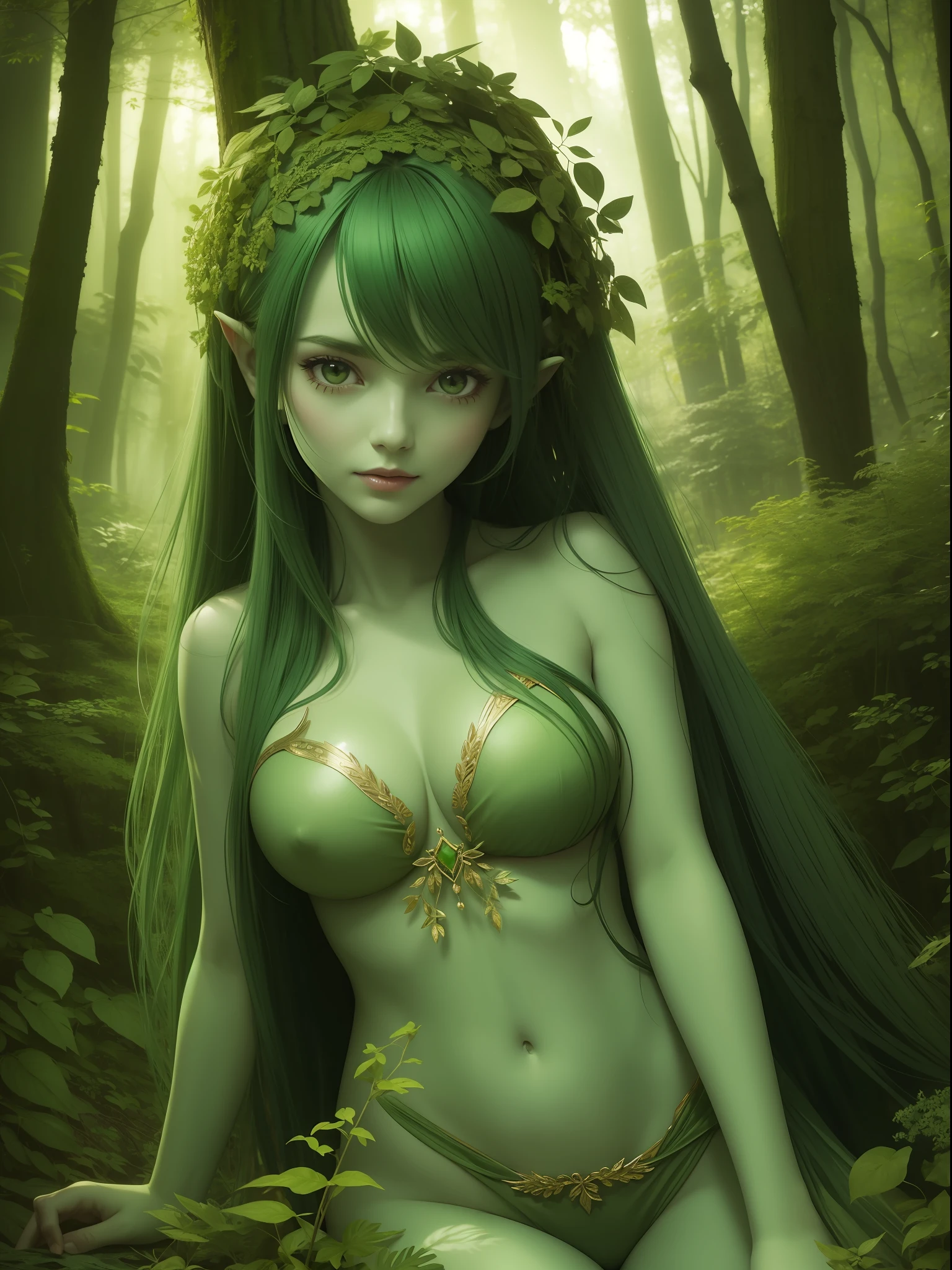 dryad in the forest, green skin