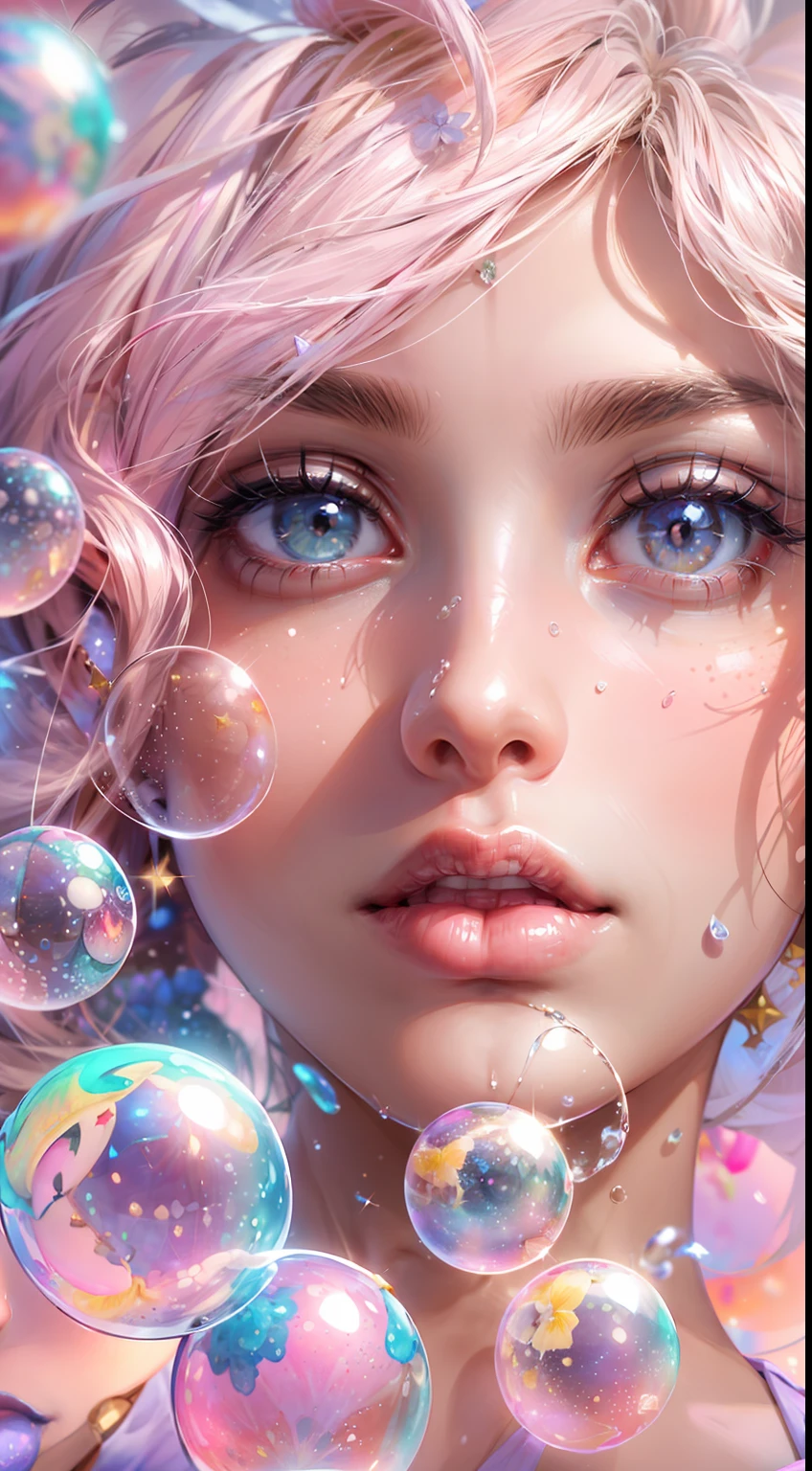 ((masterpiece)). This artwork is sweet, dreamy and ethereal, with soft pink watercolor hues and candy accents. Generate a delicate and demure fae exploring a (bubblegum world with a wide variety of pastel shades). Her sweet face is extremely detailed and realistic with elegant features and a fierce expression, and looks like ((((naomi scott)))). Include mature features and stunning, highly realistic eyes. Her eyes are important and should be realistic, highly detailed, and beautiful. In high definition and detail, include lots of details like stars, galaxies, colorful bubbles, colorful petals, and lots of energy and emotion! The stars and colorful bubblegum bubbles are important! Include fantasy details, enhanced details, iridescence, colorful glittering wind, and pollen. Pay special attention to her face and make sure it is beautifully and realistically detailed. The image should be dreamy and ethereal.8k, intricate, elegant, highly detailed, majestic, digital photography