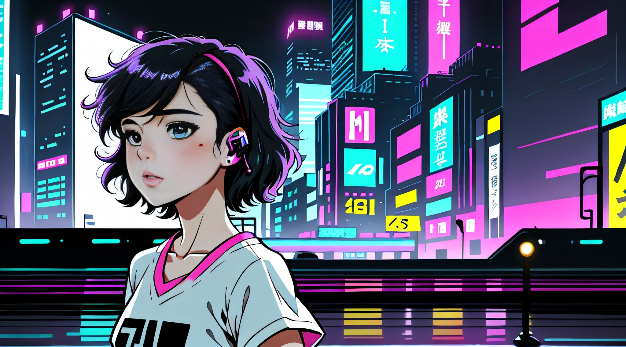 (lofi style), animemanga girl, Listen to music, 90s style, short detailed hair, messy hair, offcial art,统一 8k 壁纸,ultra - detailed,Beauty and aesthetics,tmasterpiece,best qualtiy, perfect anatomia, tmasterpiece, Earphone, A girl wearing headphones walks the bustling streets of the city illuminated by neon lights and illuminated billboards。Skyscrapers and tall buildings create a stunning backdrop,Let her enjoy the music。
