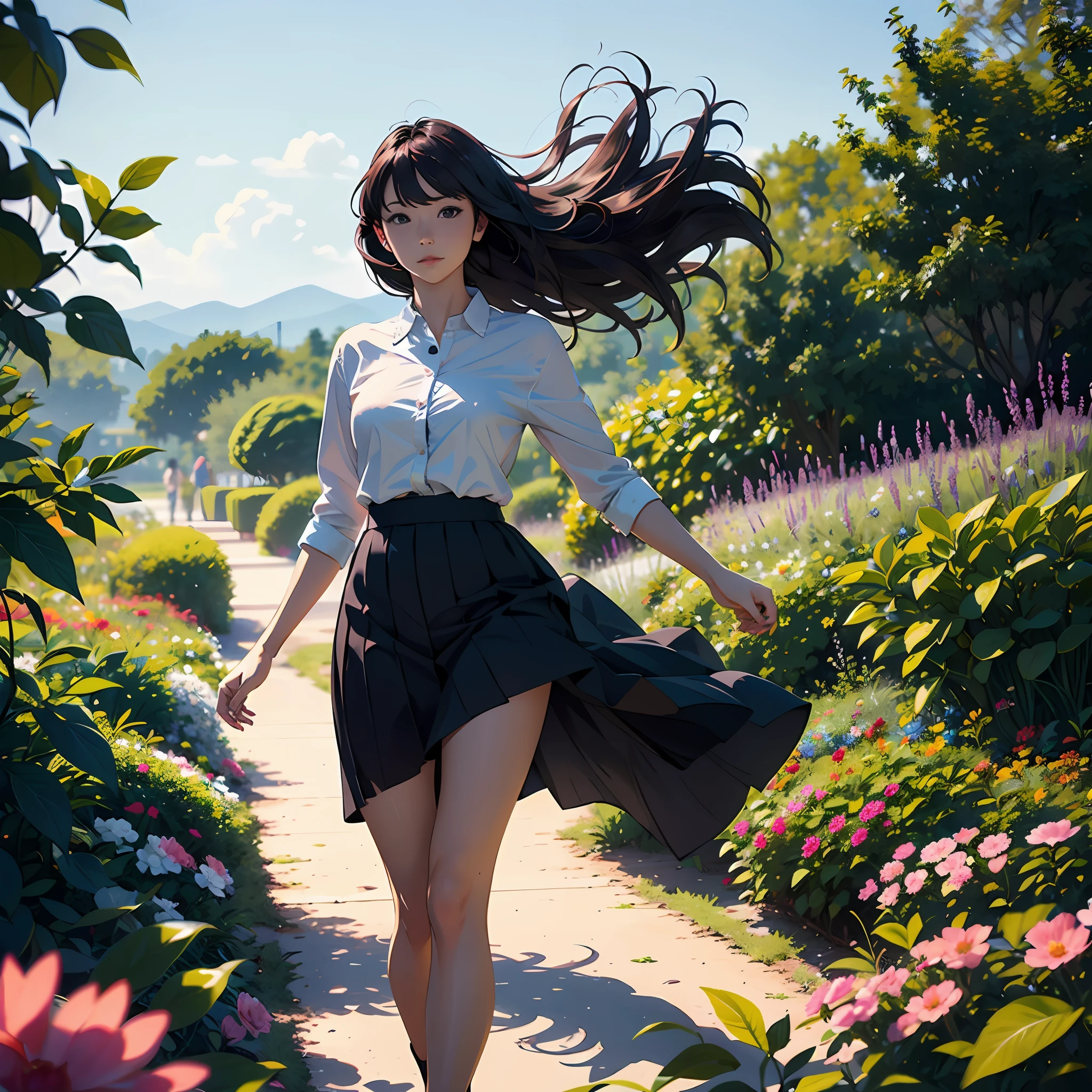 a female, hair blowing in the wind, walk in the flower garden, summer day, best quality, ultra-detailed, (photorealistic), an extremely delicate and beautiful, depth of field, film grain,