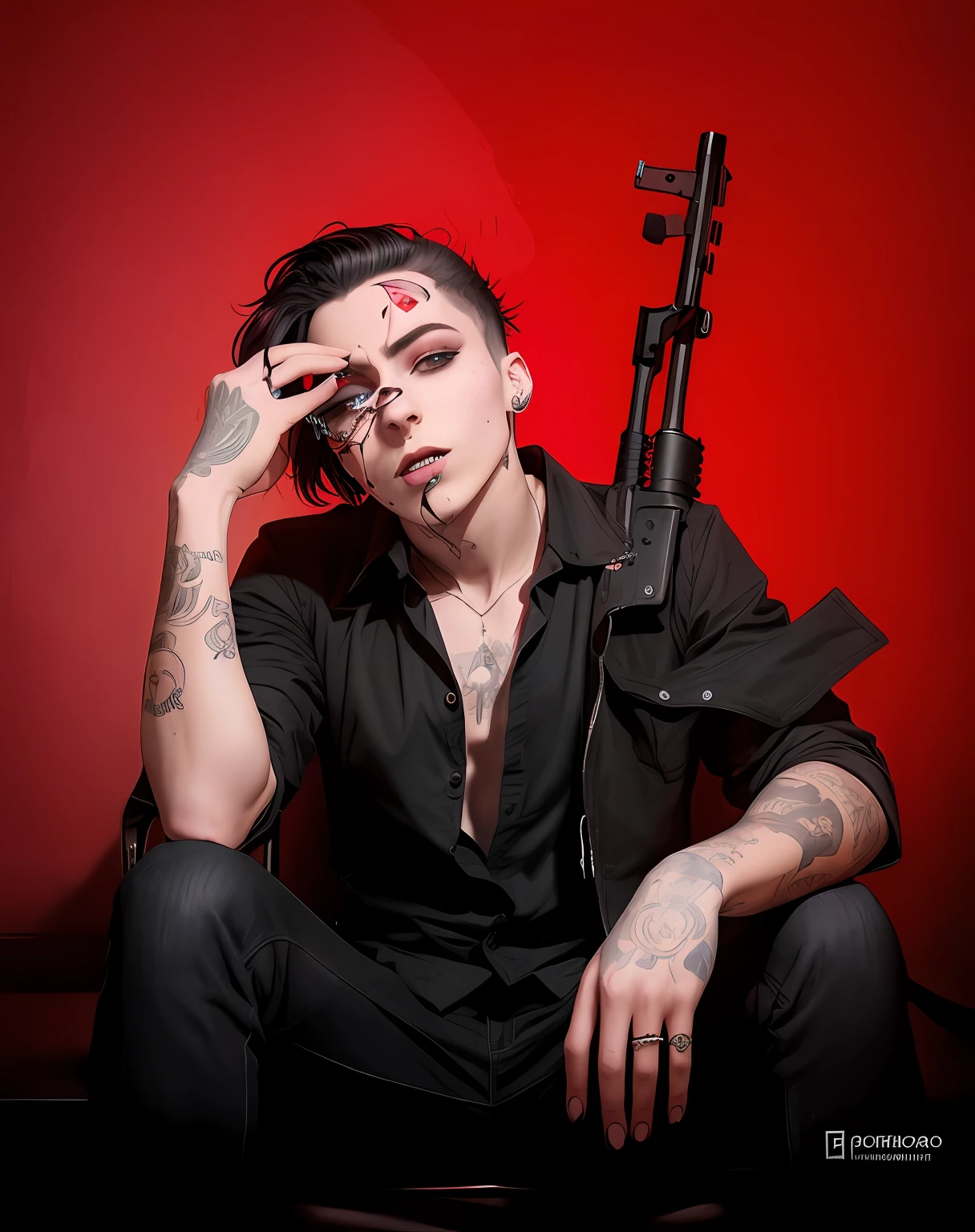 arafed man with a gun and a gun in his hand, portrait androgynous girl, androgynous vampire, androgynous person, androgynous male, beautiful androgynous girl, portrait of a male punk, androgyny, androgynous, attractive androgynous humanoid, androgynous face, beautiful androgynous prince