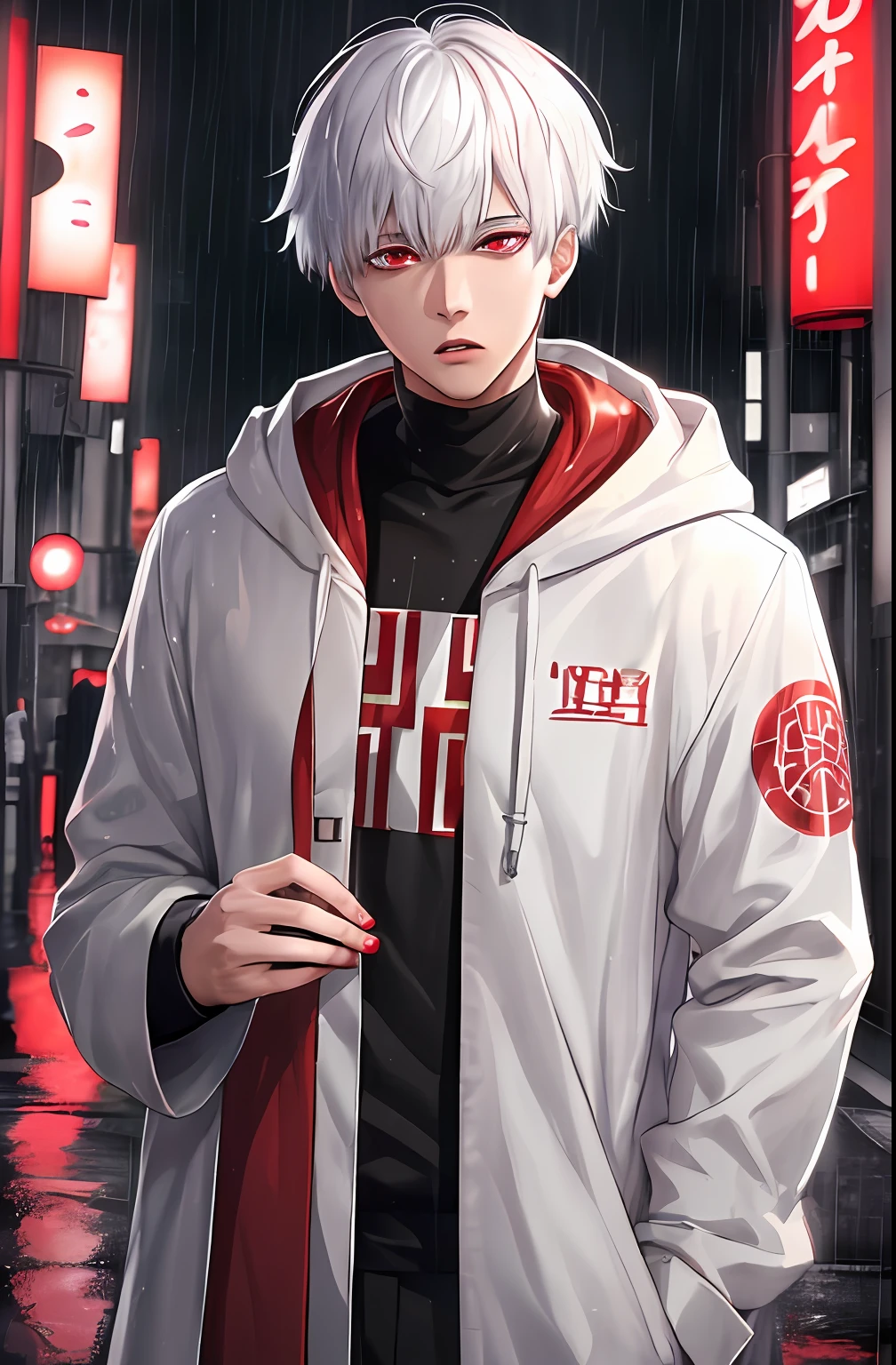 kk, best quality, more details, masterpiece, 1boy, kaneki ken, portrait, male focus, red eyes, solo, bangs, looking at viewer, hood, short hair, rain, tokyo tokyo \(city\), hood up, nail polish, white hair, luxurious, 8k, detailed, ray tracing, depth of field, cinematic lighting,