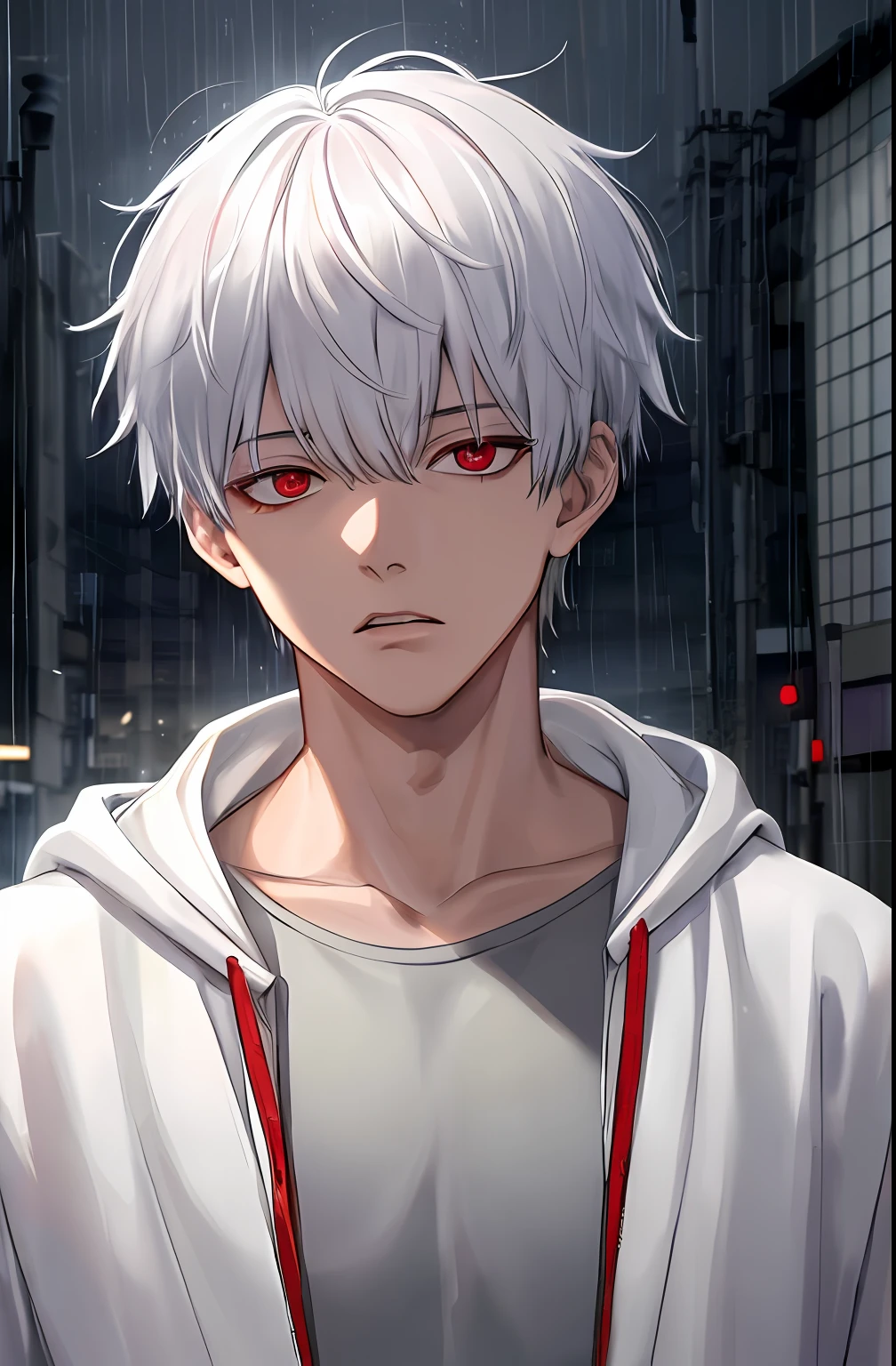 kk, best quality, more details, masterpiece, 1boy, kaneki ken, portrait, male focus, red eyes, solo, bangs, looking at viewer, hood, short hair, rain, tokyo tokyo \(city\), hood up, nail polish, white hair, luxurious, 8k, detailed, ray tracing, depth of field, cinematic lighting,