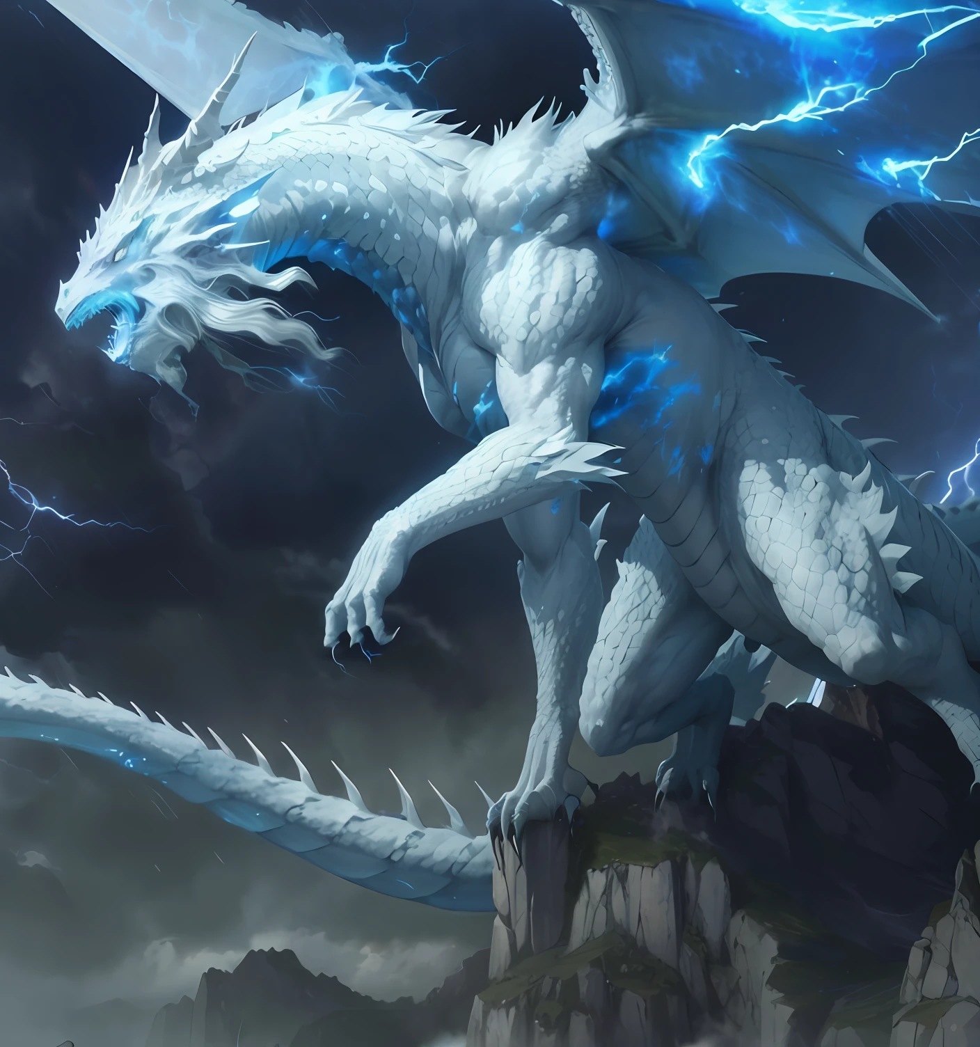 a close up of a white dragon with a lightning bolt in the background, storm dragon, frost dragon, lightning dragons attack, ultraterrestrial dragons, blue eyes white dragon, crystal dragon, epic dragon, hyperrealistic d & d fantasy art, charging through a dragons lair, blue scaled dragon, colossal dragon as background, legendary dragon