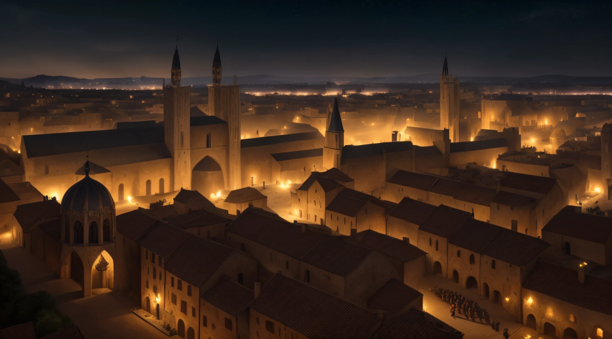a medieval city in ((war)) in the 1500s, Dark night scenery in open field, intricate, hyper realistic, 8k, ((intricately detailed)), cinemactic, Stunning realistic photography,