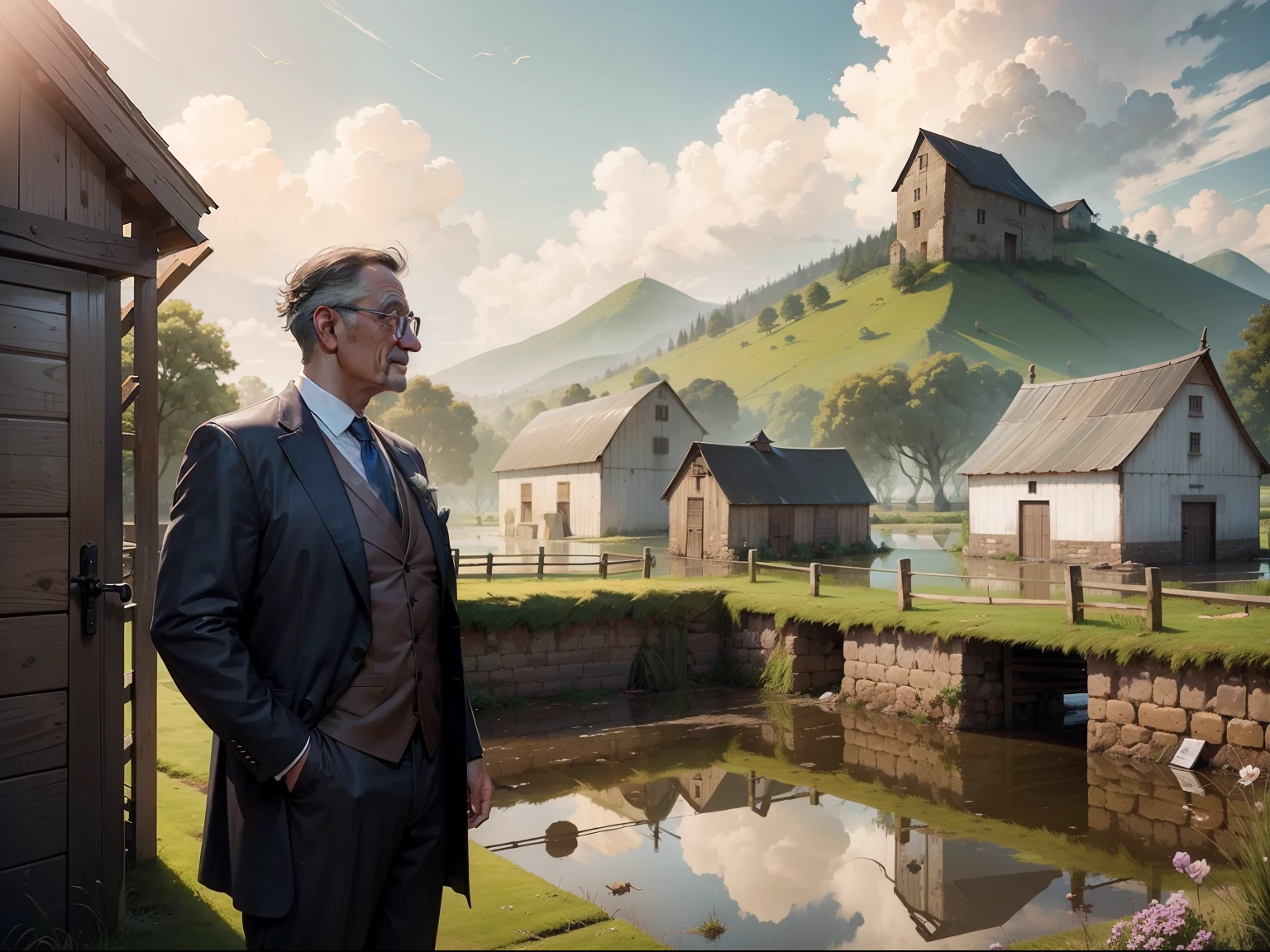 A wealthy man standing beside overflowing barns, admiring his possessions.