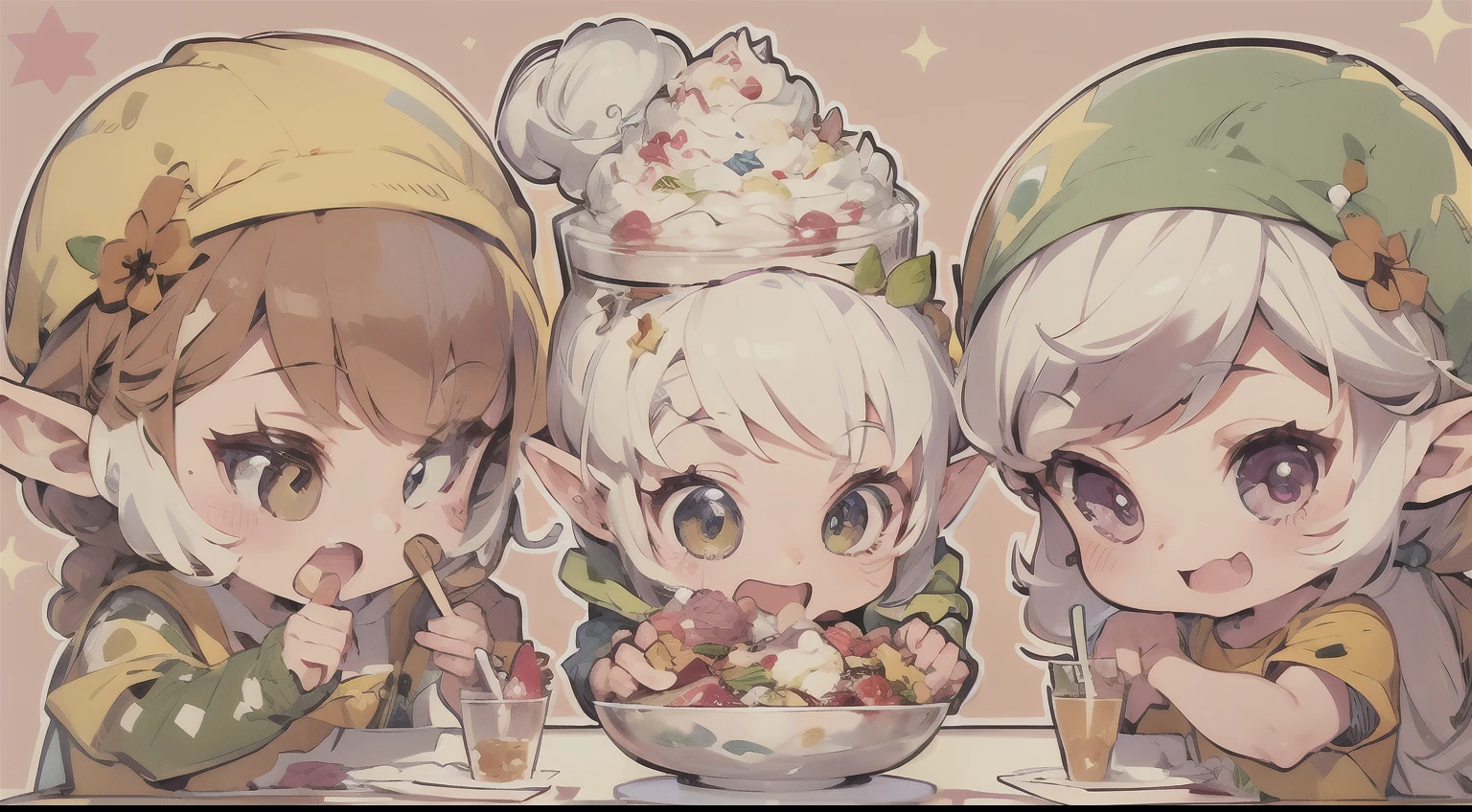 Realistic hand drawn style with cute elf characters、Everyone is eating a big parfait for the party