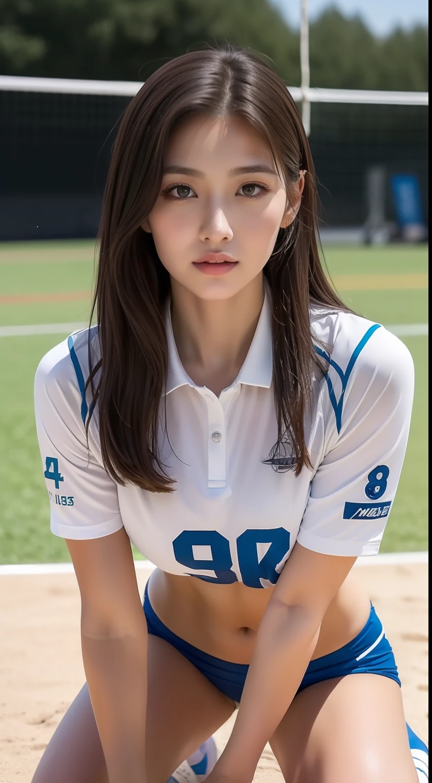 ((Top Quality, 8k, Masterpiece: 1.3)), (kneeling on the floor, open legs :1.2), Perfect Body Beauty: 1.4, large_breasts, Beautiful Woman, 1 Woman, Big: 1.4, Slender Figure: 1.1, Toned Abs, Dark Brown Hair, (Volleyball, Wet Body, Volleyball Uniform: 1.1), Ultra Detailed Face, Detailed Lips, Detailed Eyes, Double Eyelids, Volleyball field,