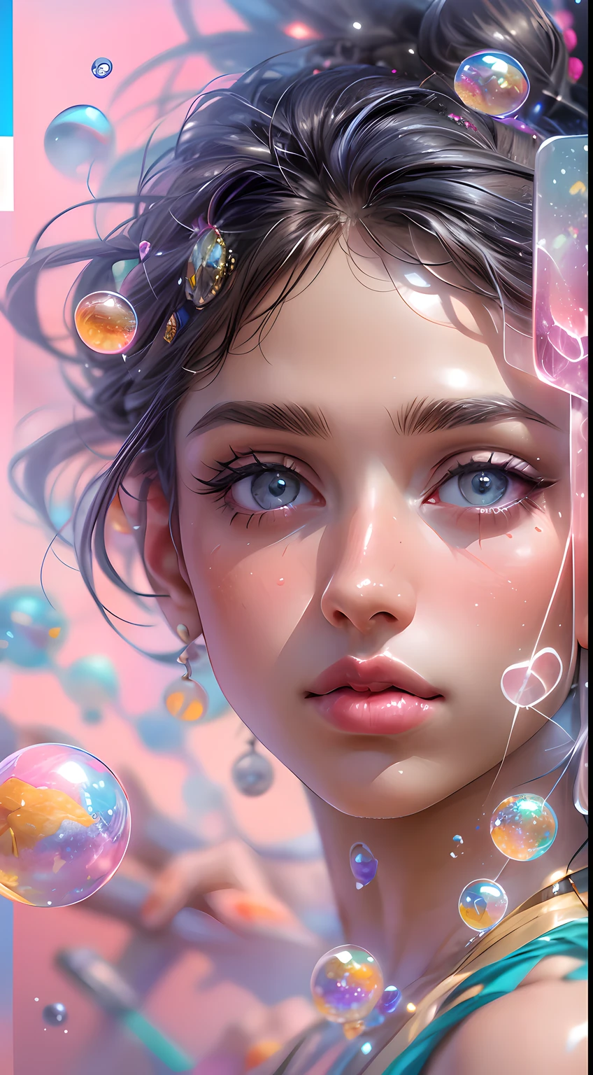 ((masterpiece)). This artwork is sweet, dreamy and ethereal, with soft pink watercolor hues and candy accents. Generate a delicate and demure fae exploring a (bubblegum world with a wide variety of pastel shades). Her sweet face is extremely detailed and realistic with elegant features and a fierce expression, and looks like ((((naomi scott)))). Include mature features and stunning, highly realistic eyes. Her eyes are important and should be realistic, highly detailed, and beautiful. In high definition and detail, include lots of details like stars, galaxies, colorful bubbles, colorful petals, and lots of energy and emotion! The stars and colorful bubblegum bubbles are important! Include fantasy details, enhanced details, iridescence, colorful glittering wind, and pollen. Pay special attention to her face and make sure it is beautifully and realistically detailed. The image should be dreamy and ethereal.8k, intricate, elegant, highly detailed, majestic, digital photography