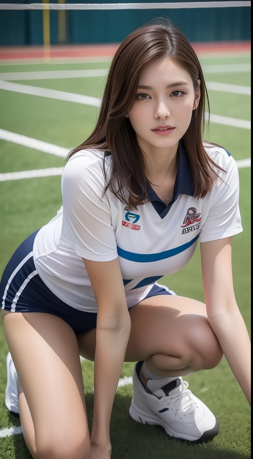 ((Top Quality, 8k, Masterpiece: 1.3)), (kneeling on the floor, open legs :1.2), Perfect Body Beauty: 1.4, large_breasts, Beautiful Woman, 1 Woman, Big: 1.4, Slender Figure: 1.1, Toned Abs, Dark Brown Hair, (Volleyball, Wet Body,  Volleyball Uniform: 1.1), Ultra Detailed Face, Detailed Lips, Detailed Eyes, Double Eyelids, Volleyball field,