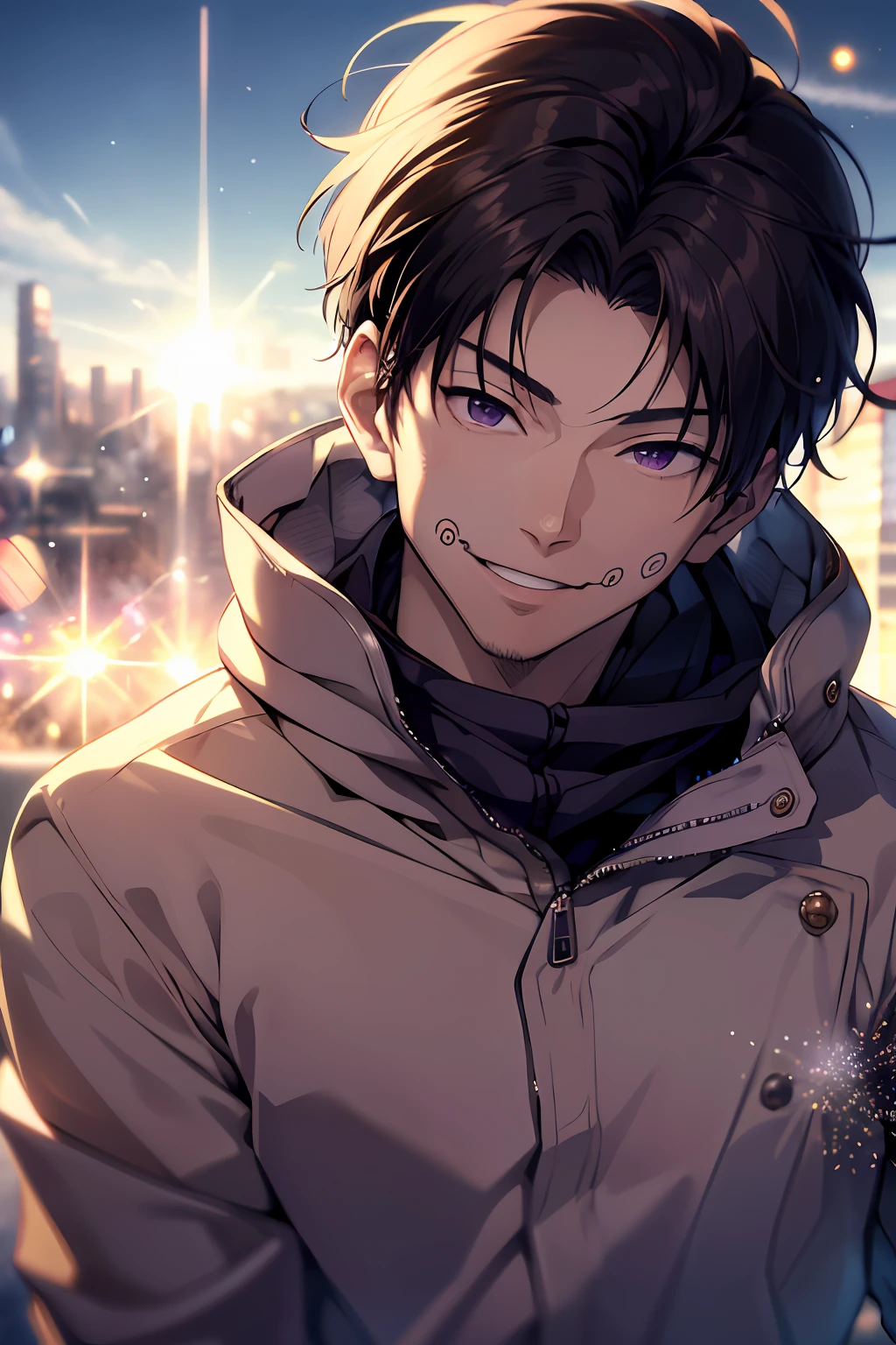 (masterpiece, best quality:1.2), gojo satoru, action pose,dust particle effect, sunflares, purple power, movie composition, bokeh, depth of field, blindfold, smiling, cowboy shot, solo, male focus, 1boy, gojo satoru, expresionless, looking at viewer, black jacket rich on details