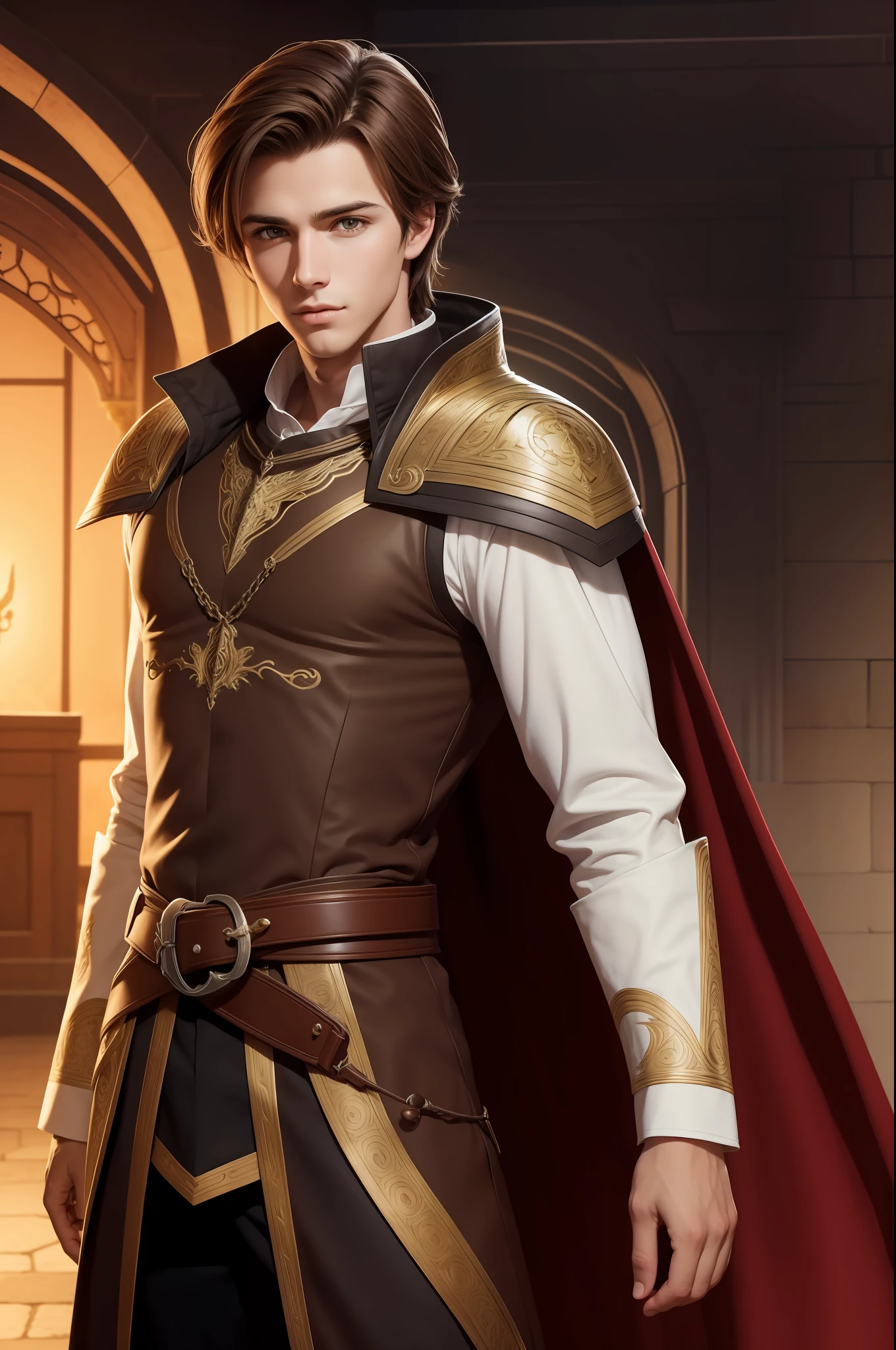 handsome, young man, with brown hair, guardian, high fantasy, medievial style